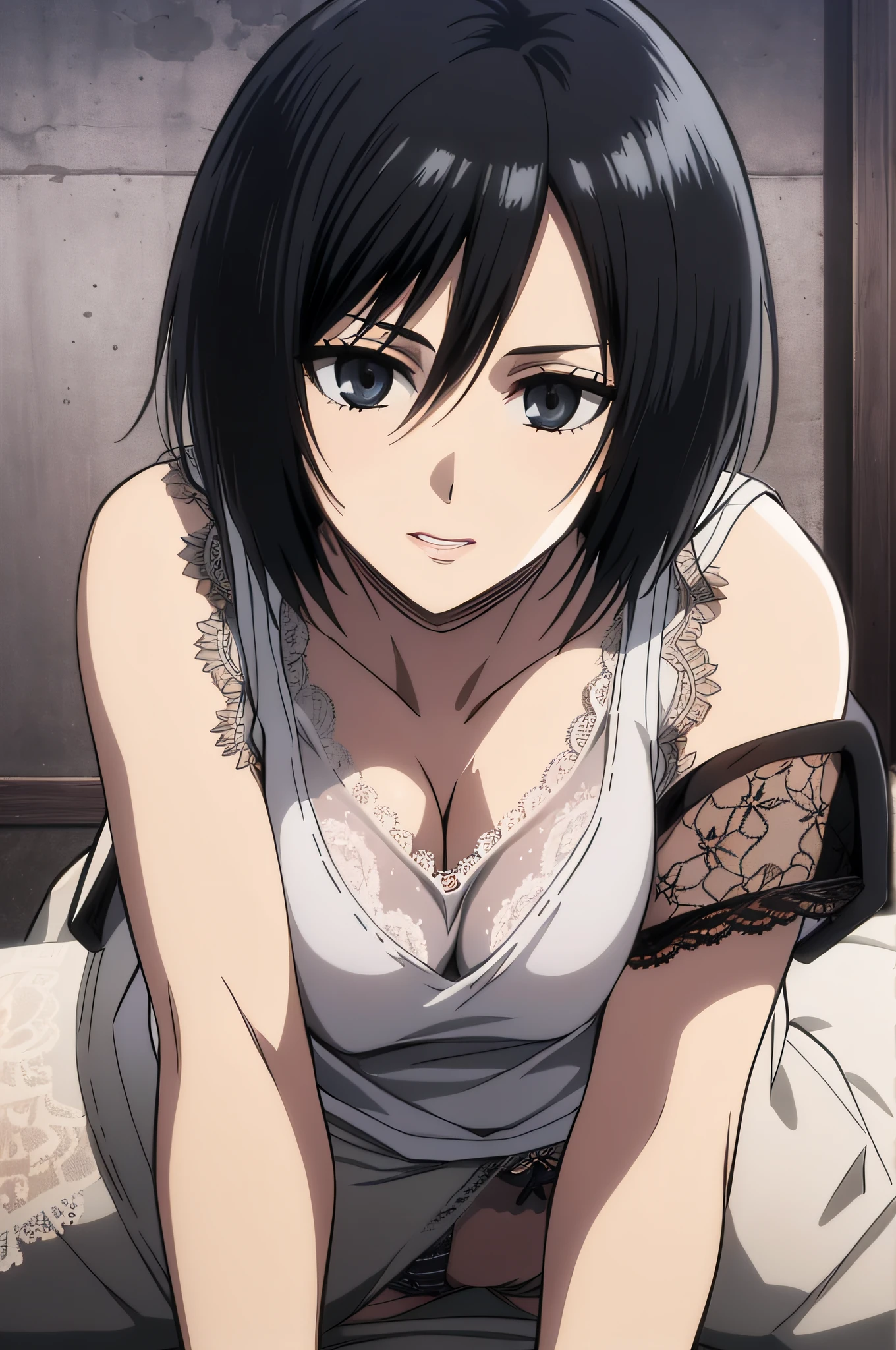 1girl in, Mikasa Ackerman, (Black hair:1.3), Hair between the eyes, Short hair, Gray eyes, Gentle lips, Undersized breasts 、masutepiece, Best Quality,Lying、on the beds、(((Black tank top、White lace panties)))、