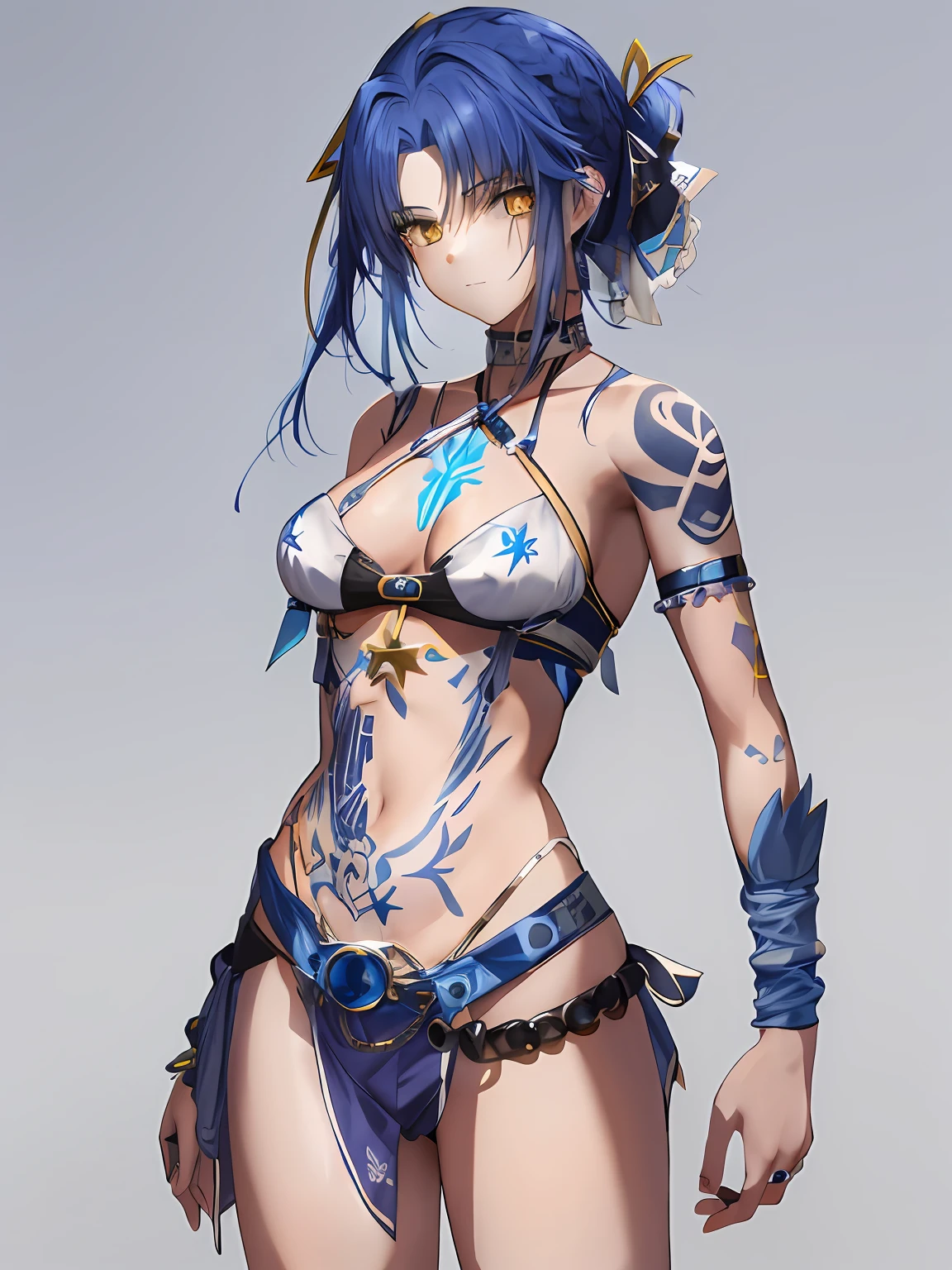 young girl, blue hair, roman desing, white top, blue bracelets, tattoed arms , yellow eyes