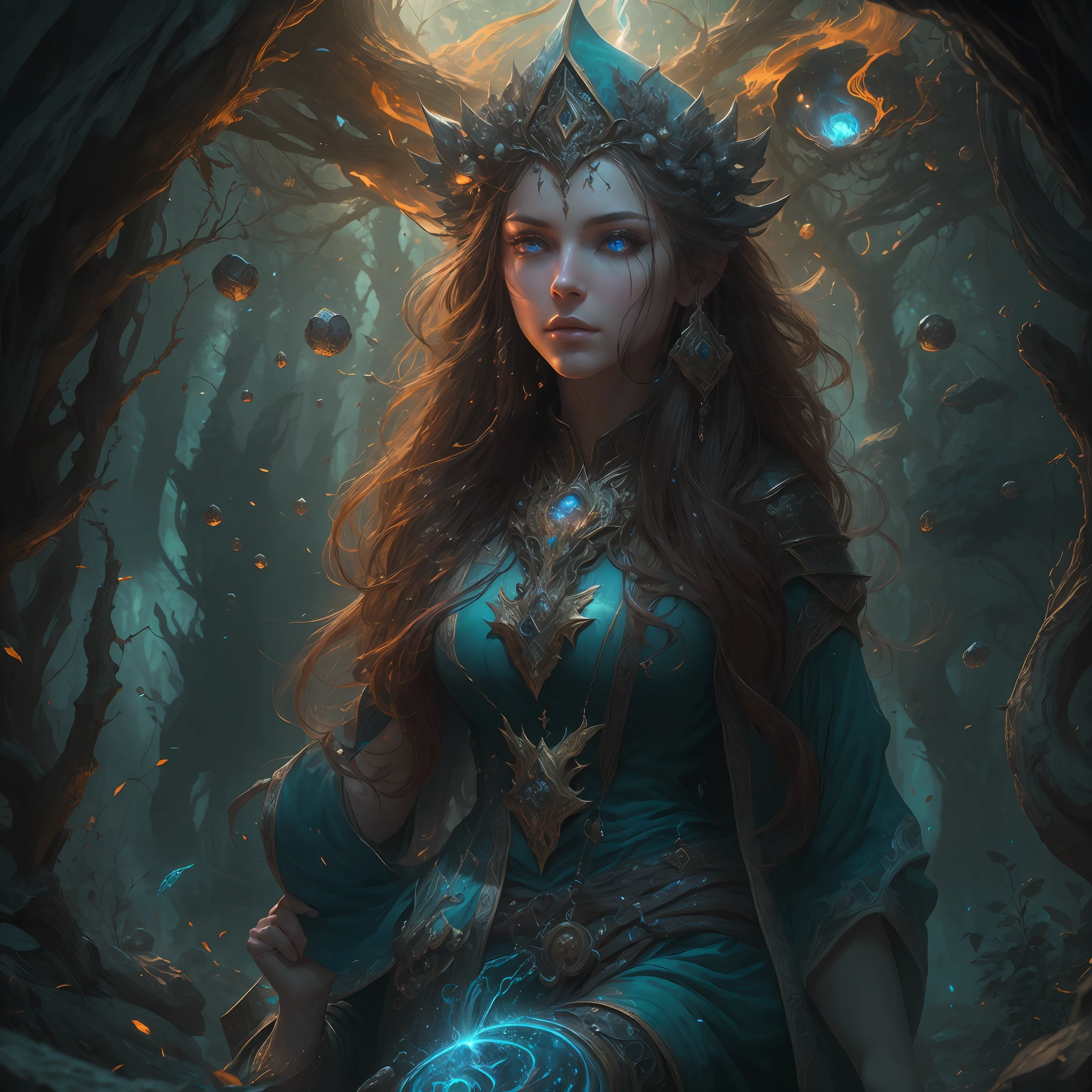 high details, best quality, 8k, [ultra detailed], masterpiece, best quality, (extremely detailed), ultra wide shot, photorealistic, fantasy art, dnd art, rpg art, realistic art, an ultra wide picture of human female (intense details, Masterpiece, best details: 1.5) in underground druid grove casting a spell, red magical light (intense details, Masterpiece, best details: 1.5), wearing leather armor (intense details, Masterpiece, best details: 1.5), wearing cloak (intense details, Masterpiece, best details: 1.5), wearing  boots, high heeled boots,  holy symbol, blue light from symbol, dynamic hair, intense eyes, dynamic eyes, D&D human female (intense details, Masterpiece, best details: 1.5), black hair, long hair, fantasy [underground] (intense details, Masterpiece, best details: 1.5), druid grove, water fall details, rich fantasy underground life details (intense details, Masterpiece, best details: 1.5) ,stone pillars (intense details, Masterpiece, best details: 1.5),  animals, water springs, soft light, phosphoric light. dynamic light (intense details, Masterpiece, best details: 1.5), fungi in the background, celestial background, ((divine worship atmosphere)), high details, best quality, highres, ultra wide angle