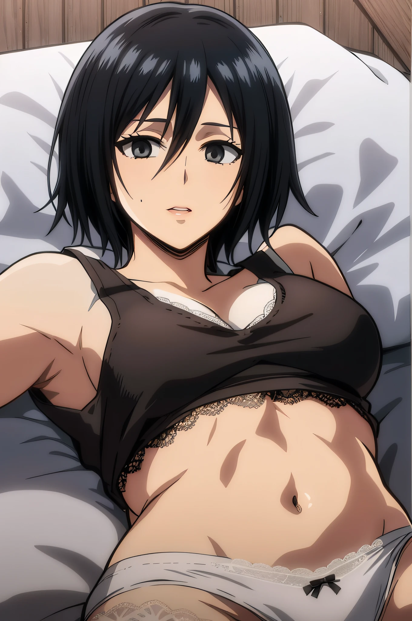 1girl in, Mikasa Ackerman, (Black hair:1.3), Hair between the eyes, Short hair, Gray eyes, Gentle lips, Undersized breasts 、masutepiece, Best Quality,Lying、on the beds、(((Black tank top、White lace panties)))、