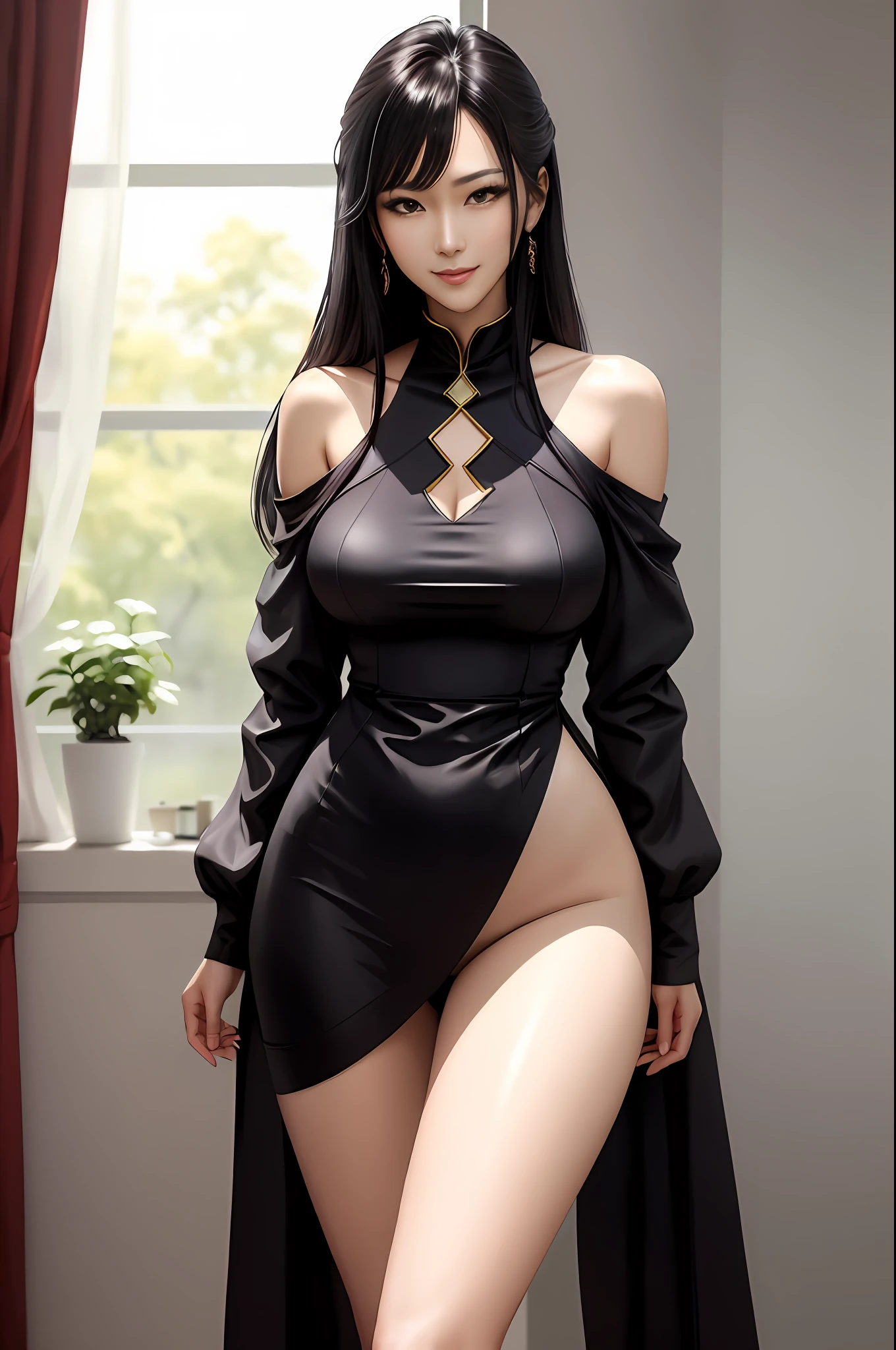 best qualtiy， tmasterpiece，Super anime art，Pisif Art， 超高分辨率， realisticlying， 1. Mature sexy woman， Large breasts，long leges，180cm tall，standing full-body， ssmile，Raised sexy，Erotic，Titillating