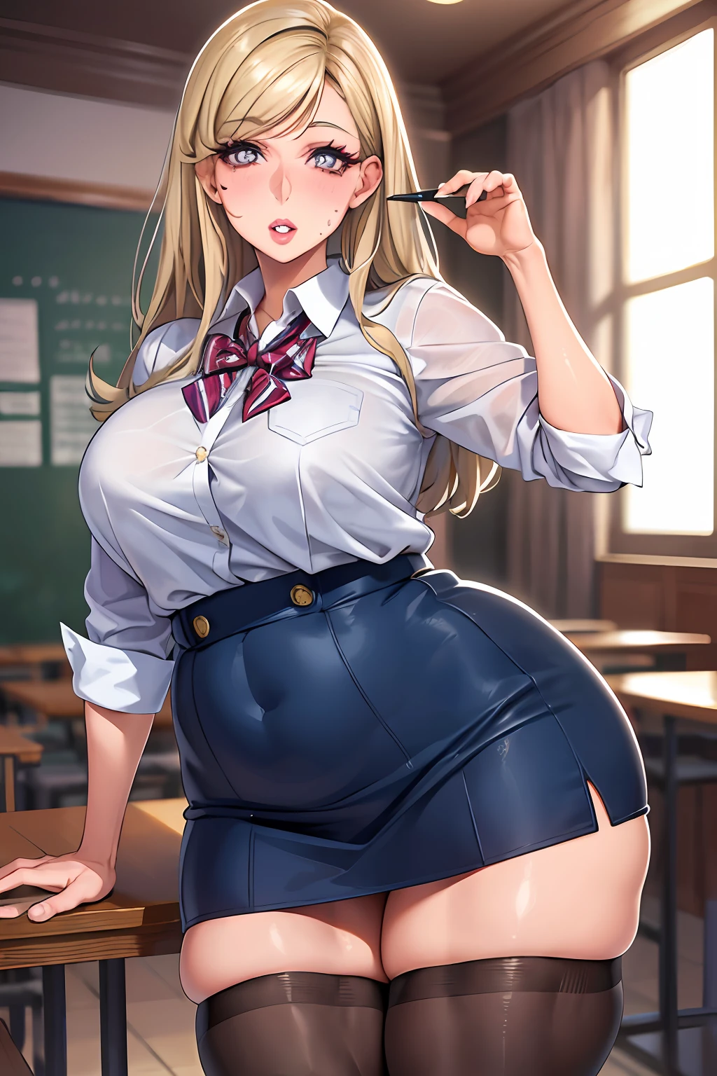 "(A perfect masterpiece:1.2), (the best quality:1.2), stunning face, schoolgirl uniform, mature and chubby, big pupils, bright eyes, makeup, long and luxurious eyelashes, full lips, irresistible charisma."