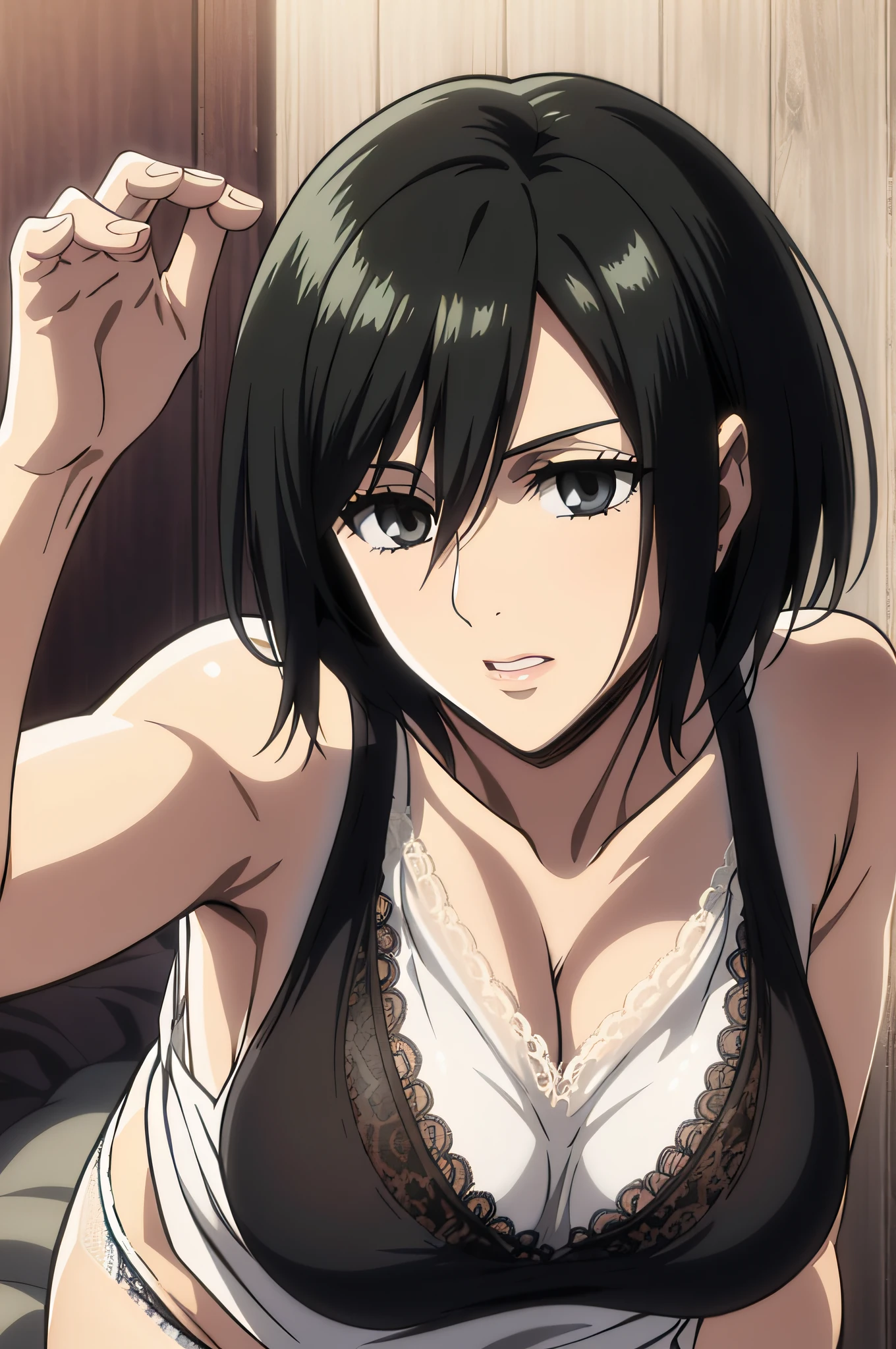 1girl in, Mikasa Ackerman, (Black hair:1.3), Hair between the eyes, Short hair, Gray eyes, Gentle lips, Undersized breasts 、masutepiece, Best Quality,Lying、on the beds、(((Black tank top、White lace panties)))、