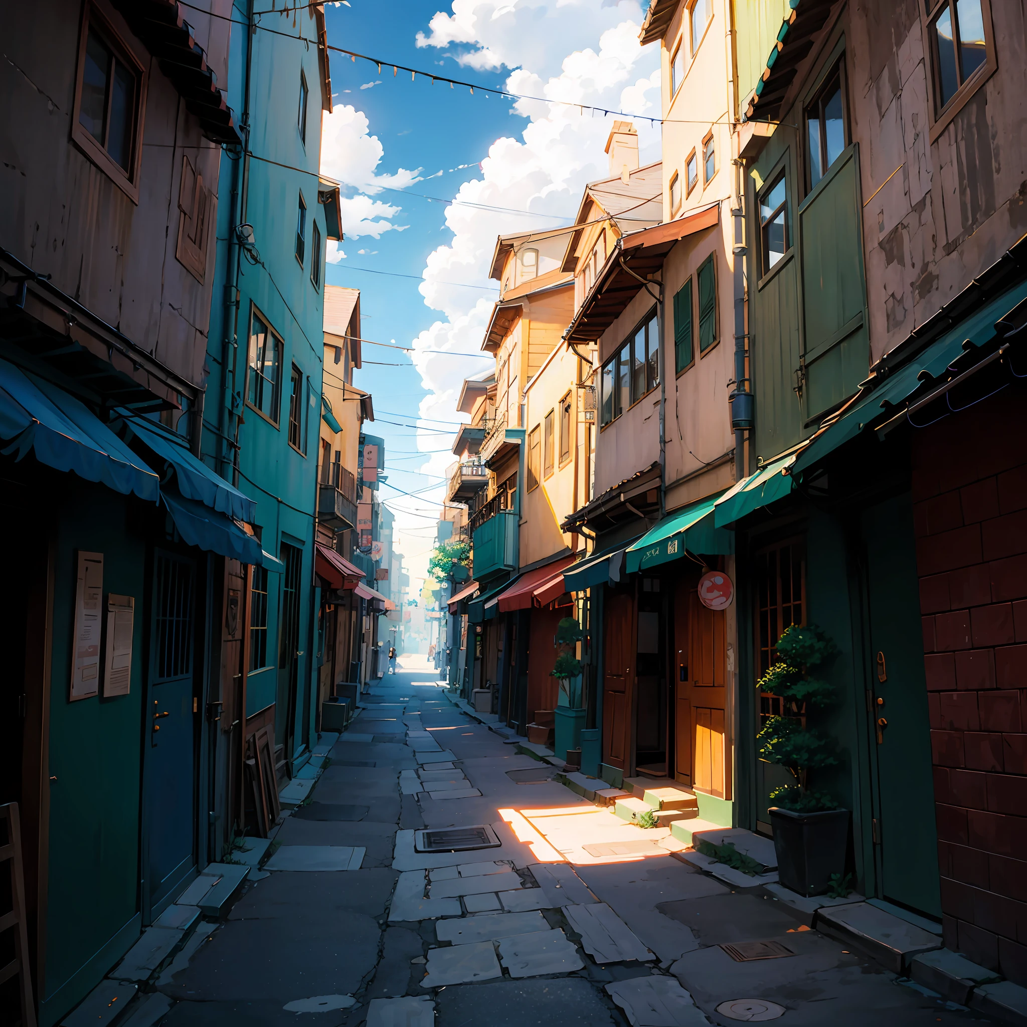 Old city street, clouds, daytime, noon, well lit, wires, houses, cozy scene, anime background art, studio ghibli, looking from above