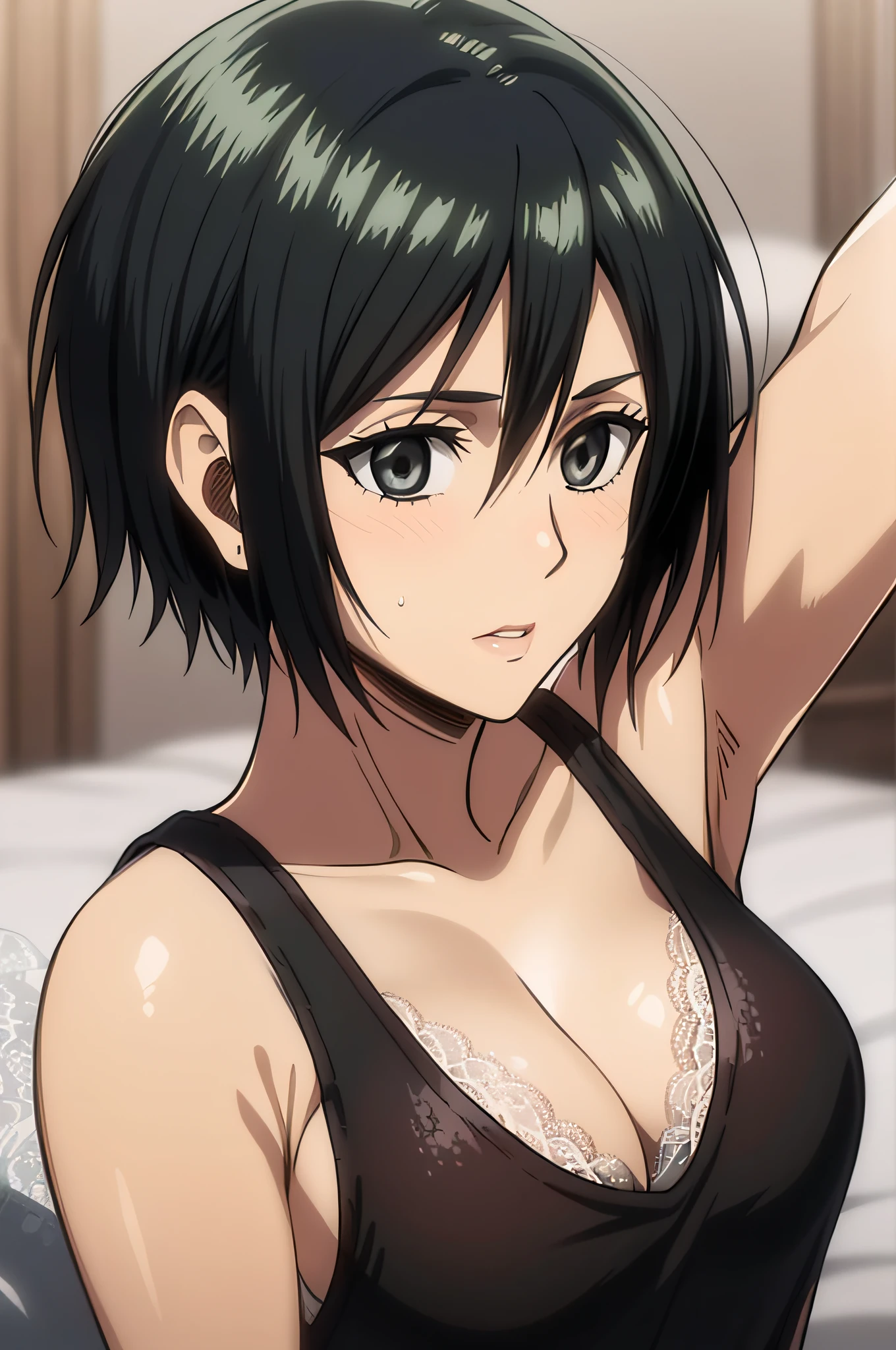 1girl in, Mikasa Ackerman, (Black hair:1.3), Hair between the eyes, Short hair, Gray eyes, Gentle lips, Undersized breasts 、masutepiece, Best Quality,Lying、on the beds、(((Black tank top、White lace panties)))、