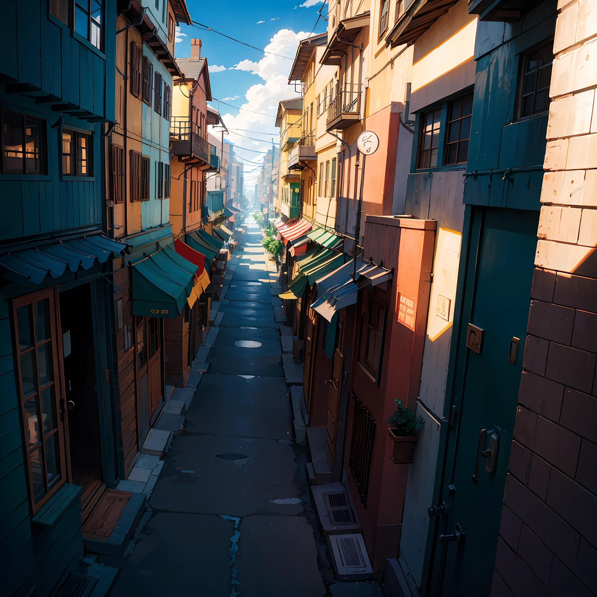 Old city street, clouds, daytime, noon, well lit, wires, houses, cozy scene, anime background art, studio ghibli, looking from above