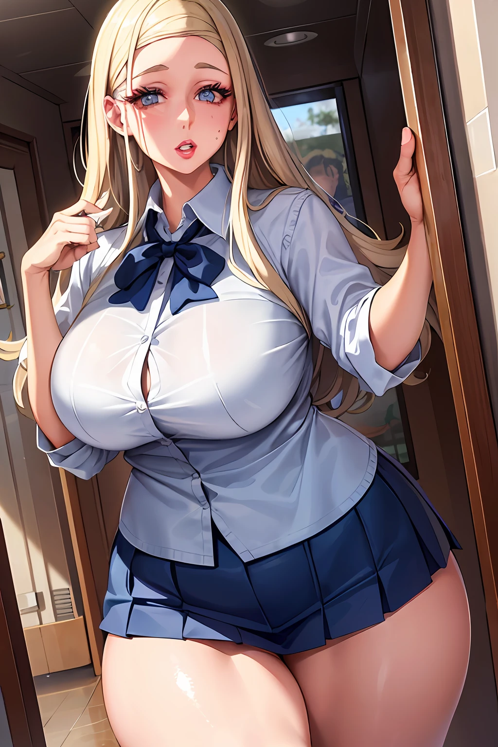 "(A perfect masterpiece:1.2), (the best quality:1.2), stunning face, schoolgirl uniform, mature and chubby, big pupils, bright eyes, makeup, long and luxurious eyelashes, full lips, irresistible charisma."