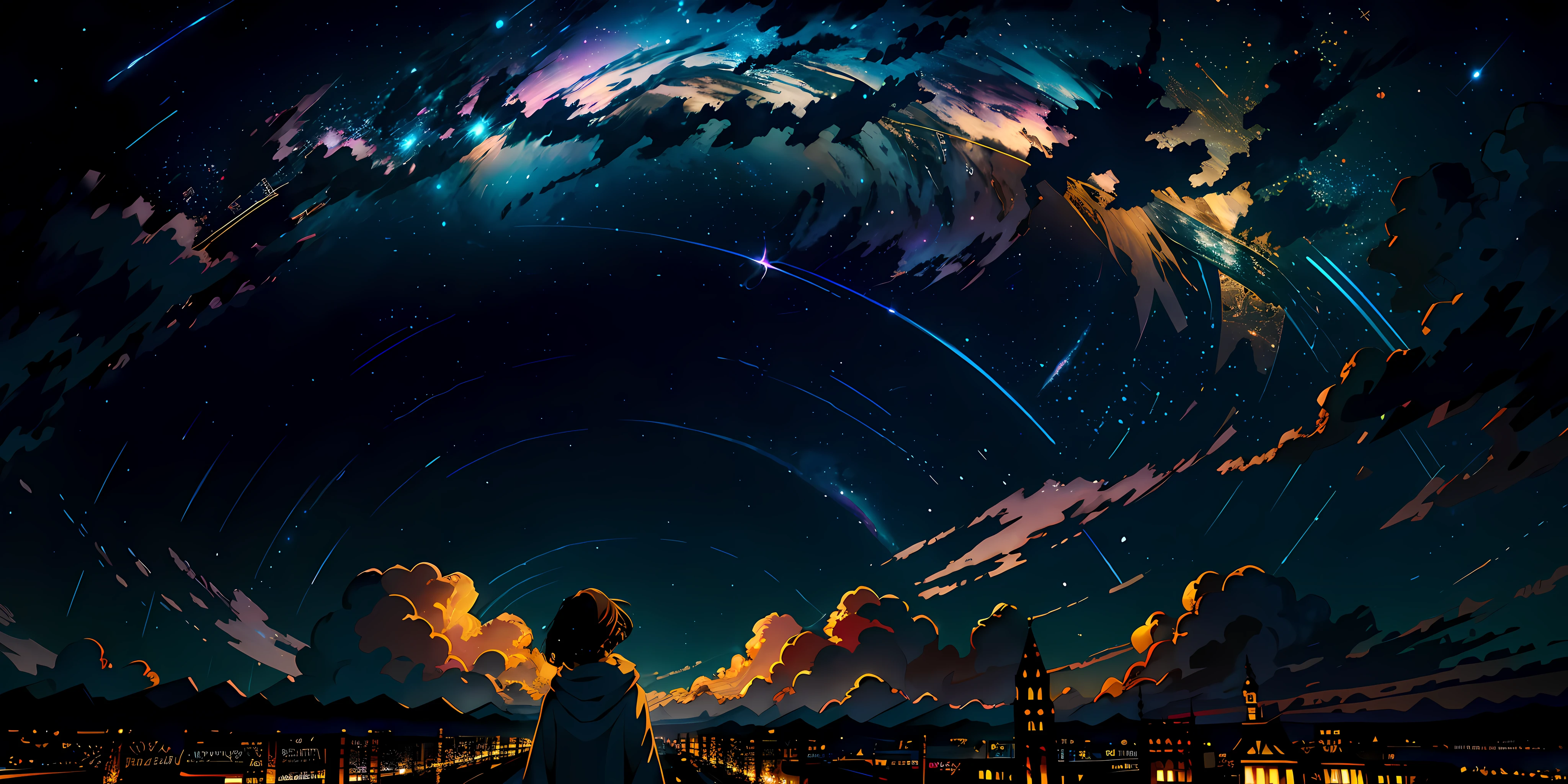 This is a story of a girl gazing at the starry sky, with a bustling city beneath it. The perspective is focused on the girl, with a wide-angle background capturing the vast view. The back of a trendy girl is shown as she looks up at the colorful cloud-filled sky. Below the starry sky are rows of illuminated modern buildings suspended in the air. The girl stands in the middle, looking up at the sky, with ancient marketplaces and tall wooden houses illuminated by countless lights. Above the starry sky, a huge golden cross-shaped starburst effect is present, accompanied by swirling golden clouds and magnificent scenes of golden shooting stars. The overall presentation is a colorful glowing nebula rendered with starry effects. This is a masterpiece of celestial animation, featuring the highest image quality and exceptional attention to detail. It is flawless artwork with a strong emphasis on lines, reminiscent of the style seen in the works of Makoto Shinkai. Gradient colored ribbons arranged in a pattern. --ar 1250:2500 --q 5 --niji