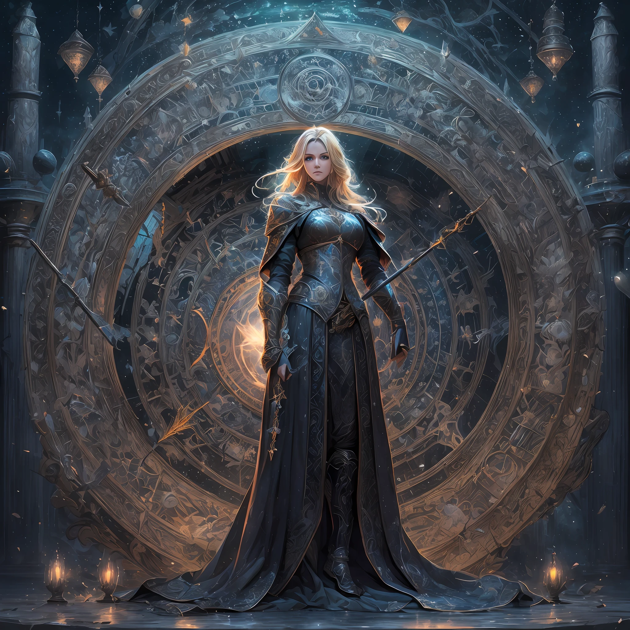 high details, best quality, 8k, [ultra detailed], masterpiece, best quality, (extremely detailed), dynamic angle, ultra wide shot, photorealistic, fantasy art, dnd art, rpg art, realistic art, an ultra wide picture of female human cleric, holding a spear, black cloak, black robe (1.5 intricate details, Masterpiece, best quality), holy symbol casting a spell, white magical sigils (1.5 intricate details, Masterpiece, best quality), wearing black armor, plate mail armor, stars and moon symbol, blue light from symbol, blond hair (1.5 intese details, Masterpiece, best quality), braided hair, small pointed eard, intense eyes, green eyes, female human (1.5 intricate details, Masterpiece, best quality) fantasy temple background, moon and strars background, ((divine worship atmosphere)), moon light high details, best quality, highres, ultra wide angle