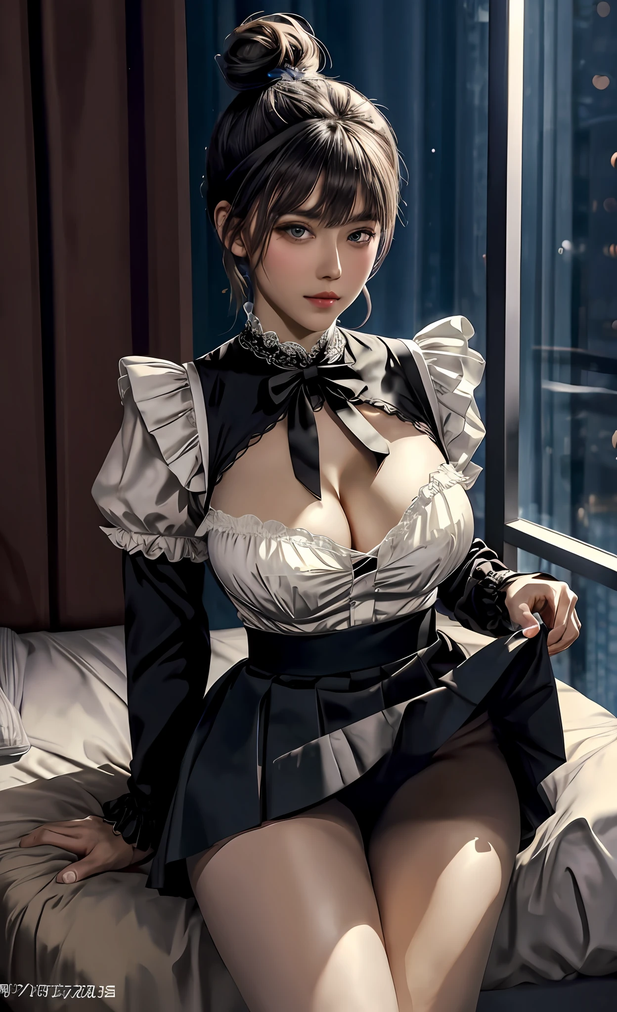 Front photo of a French maid, hair-bun, pony tails, Messy bun, Skirt lift, Skirt lift, (((full bodyesbian))), looking at viewert, the best quality masterpiece, Photorealistic and realistic, A detailed, during night, flash lights, 8K, flash lights, color difference, Sharp focus, original color photo,Huge bust,slenderlegs,adolable,eye glass,Delicate facial features,Delicate face,Delicate eyes,eye detailed,long leges,Huge bust,big breasts exposed cleavage