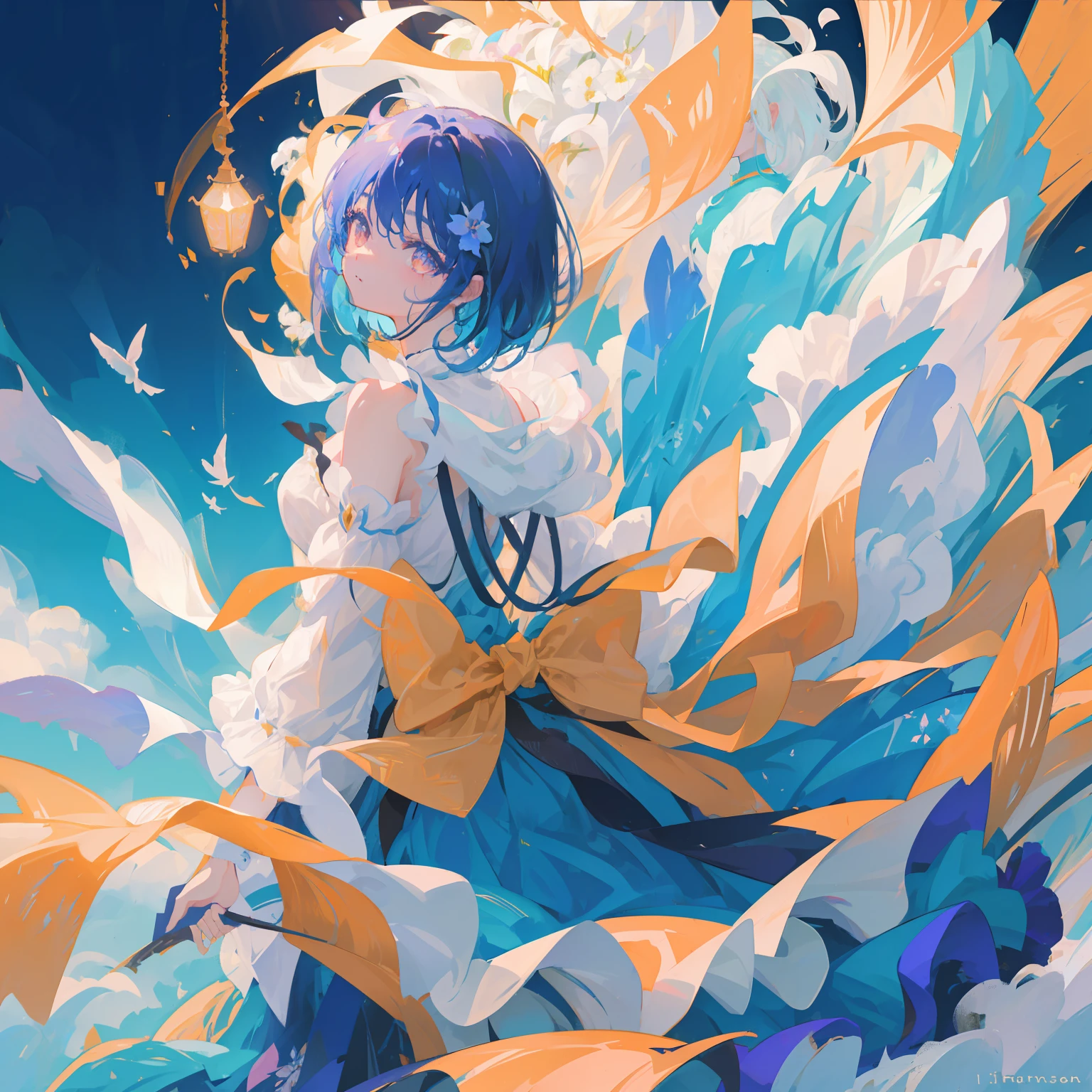masterpiece,top-quality, Best Quality, the Extremely Detailed CG Unity 8K Wallpapers, Cinematic lighting, Lens Flare, Eyes in Beautiful Details, side glance, colorful light, Particle, portrait closeup,Cornflower Art、dream-like,hight resolution、volume illumination、contour deepening,Back lighting、Very detailed 8k wallpaper、 1 girl in,独奏, Blue hair、short-hair、fluffy hair、Orange eyes、beautiful Girl, beautiful countenance, naturey, O spirit, florals, colorful scenery, florals, butterflys, a closeup、Chiffon dress