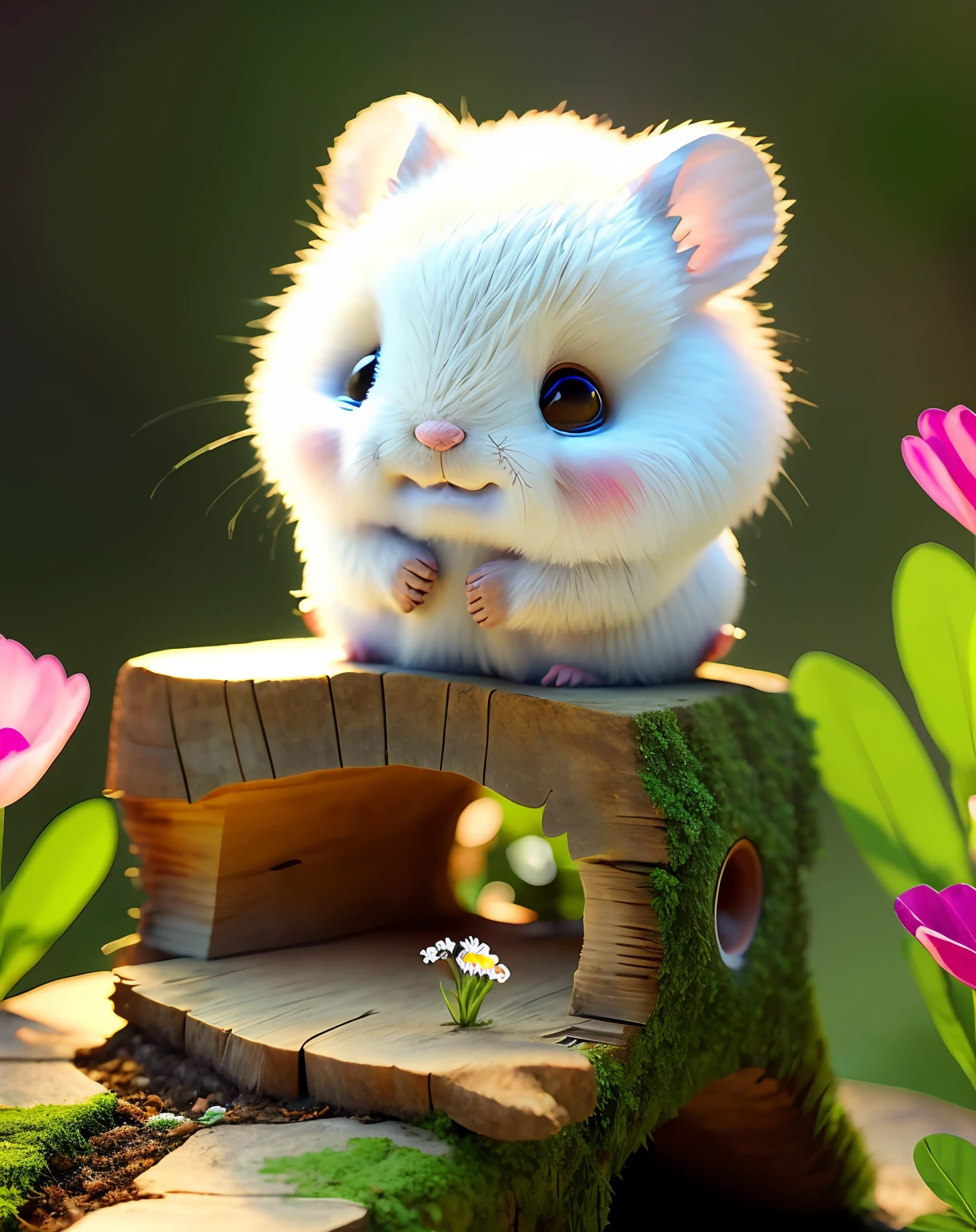 holding a flower, tree_stump, flowers, adorable , fluffy, photorealistic, soft lighting, hamster, sweet smile, happy face, cute