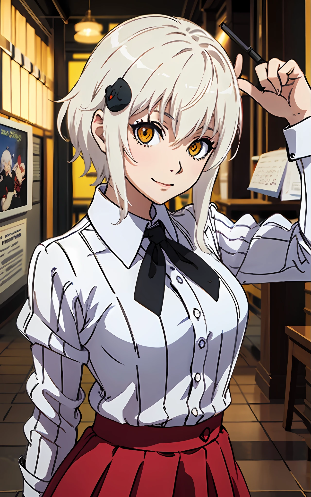 Best Quality, (Masterpiece:1.2), High Detailed, Standing, School, Indoor, Cat Ears, 1girl, solo, tojo koneko, looking at the viewer, closed mouth, light smile, top, yellow eyes, white hair, short hair, hair decoration, school uniform, striped shirt, unbuttoned shirt, red skirt, black neck band, erotica