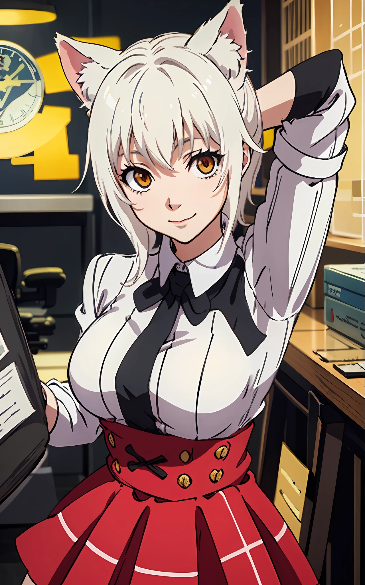 Best Quality, (Masterpiece:1.2), High Detailed, Standing, School, Indoor, Cat Ears, 1girl, solo, tojo koneko, looking at the viewer, closed mouth, light smile, top, yellow eyes, white hair, short hair, hair decoration, school uniform, striped shirt, unbuttoned shirt, red skirt, black neck band, erotica