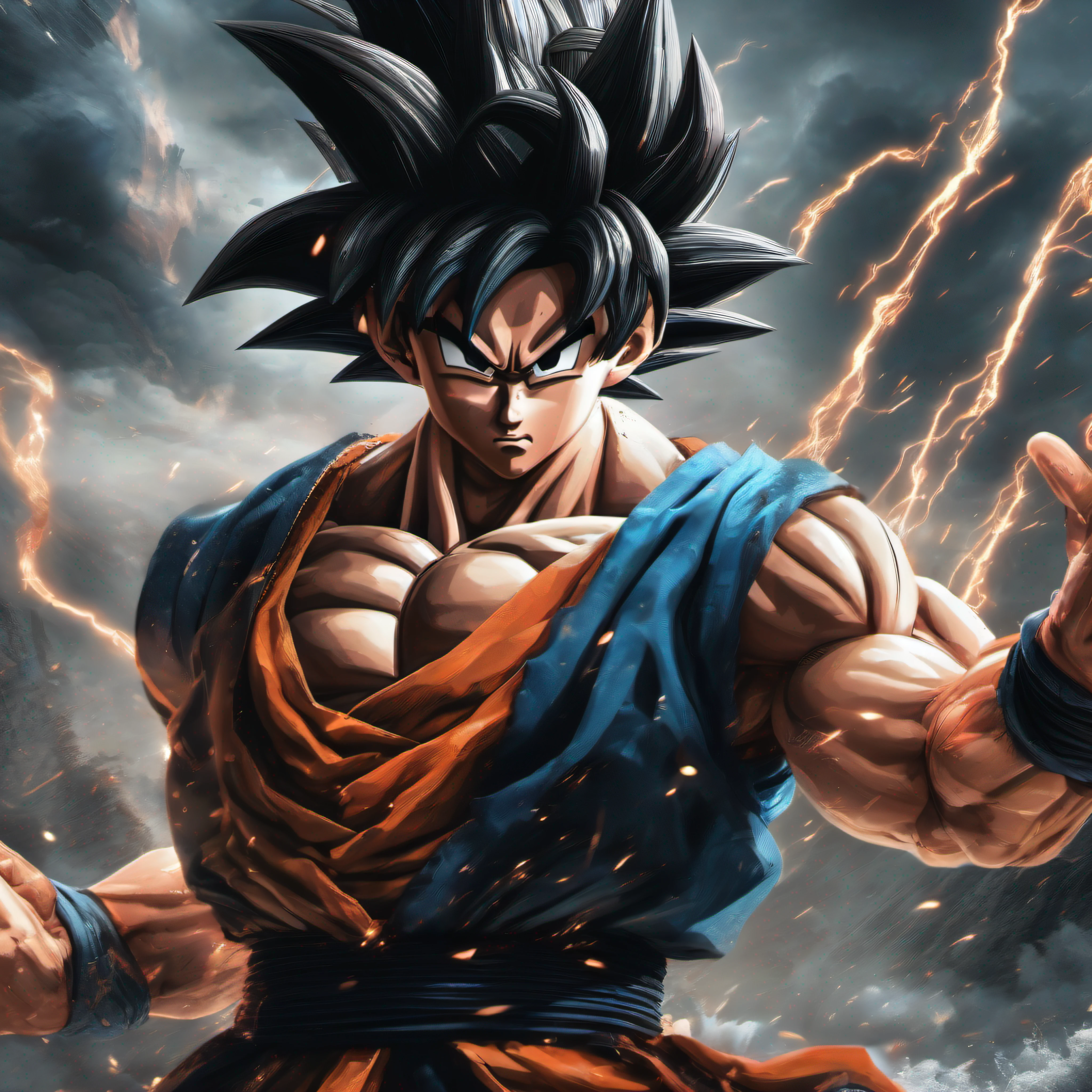 Goku, 1boy, epic battle, dynamic background, intense battle stance, 4k wallpaper, intricate details, dark fantasy artwork.