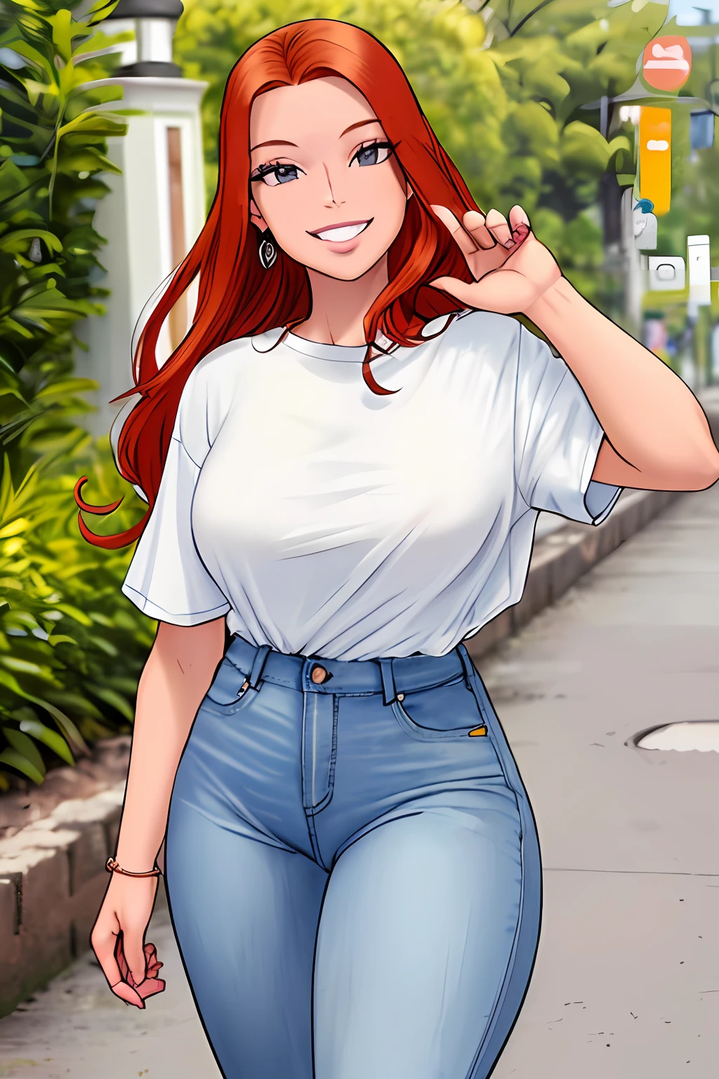 Crie uma imagem de uma mulher ruiva sorrindo caminhando pela rua movimentada, Exuding confidence and natural beauty, while wearing jeans, Long white T-shirt that highlights your femininity and elegance