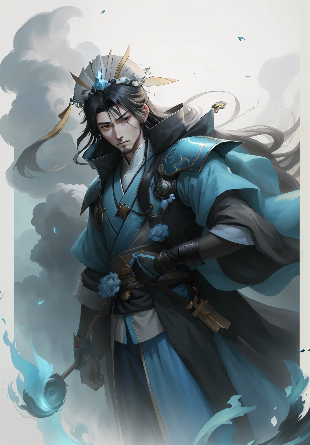 mtu,Handsome man,long whitr hair,Long black hair,Swing with the wind,Anime character with long black hair, Guan yu, bian lian, casimir art, G Liulian art style, Inspired by Huang Shen, epic exquisite character art, Inspired by Shen Zhou, by Yang J, From Arknights, 2. 5 D CGI anime fantasy artwork, high detailed official artwork, Onmyoji portrait blue dress,Light blue clothes