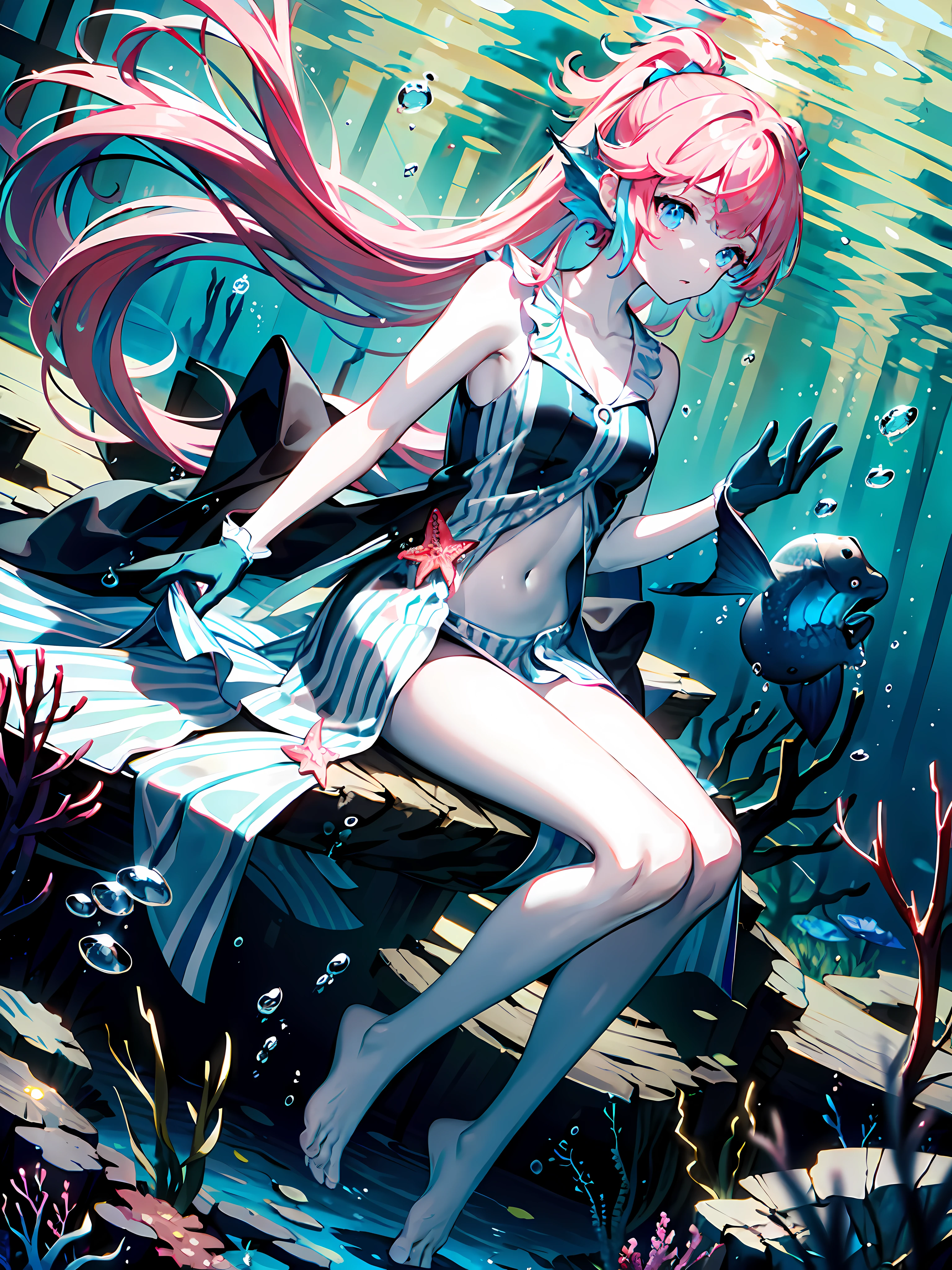 ((masterpiece)), ((pale skin)), (bokeh effect), (dynamic angle), sharp eyes, (solo:1.2), (female:1.1), 1girl, air_bubble, bangs, bare_shoulders, blue_dress, blue_eyes, bubble, (collarbone:1.2), fish, gloves, jellyfish, long_hair, looking_at_viewer, navel, solo, (underwater:1.3), (water:1.2), (submerged:1.4), (pink hair:1.2), (deep water:1.4), dark, (bare feet:1.2), (sleeveless:1.3), (armpits:0.7), ((bold outline))