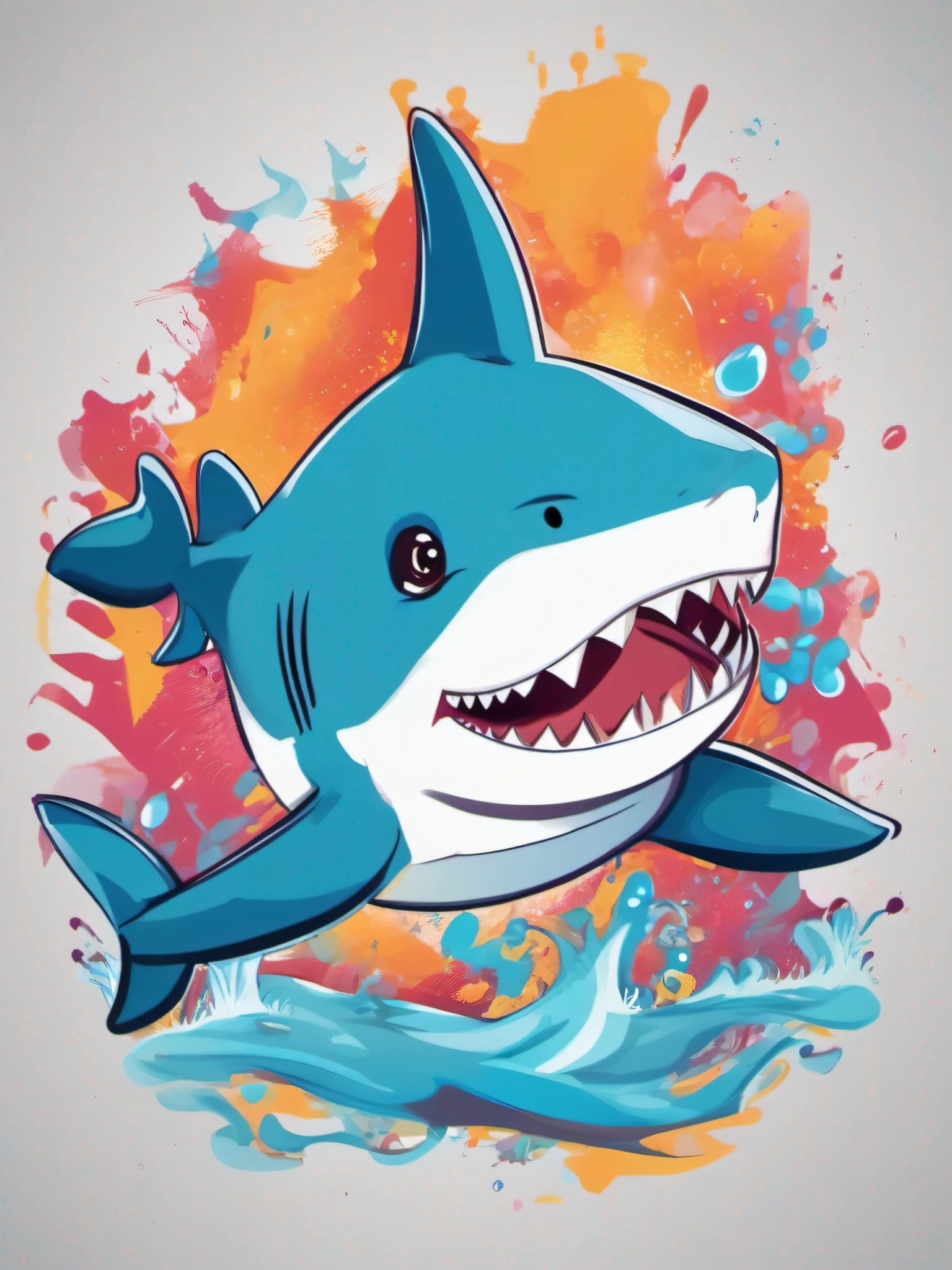 Illustration of cute shark, cute character, magic, fantasy, clear background, abstract splash background, t-shirt design, vector art
