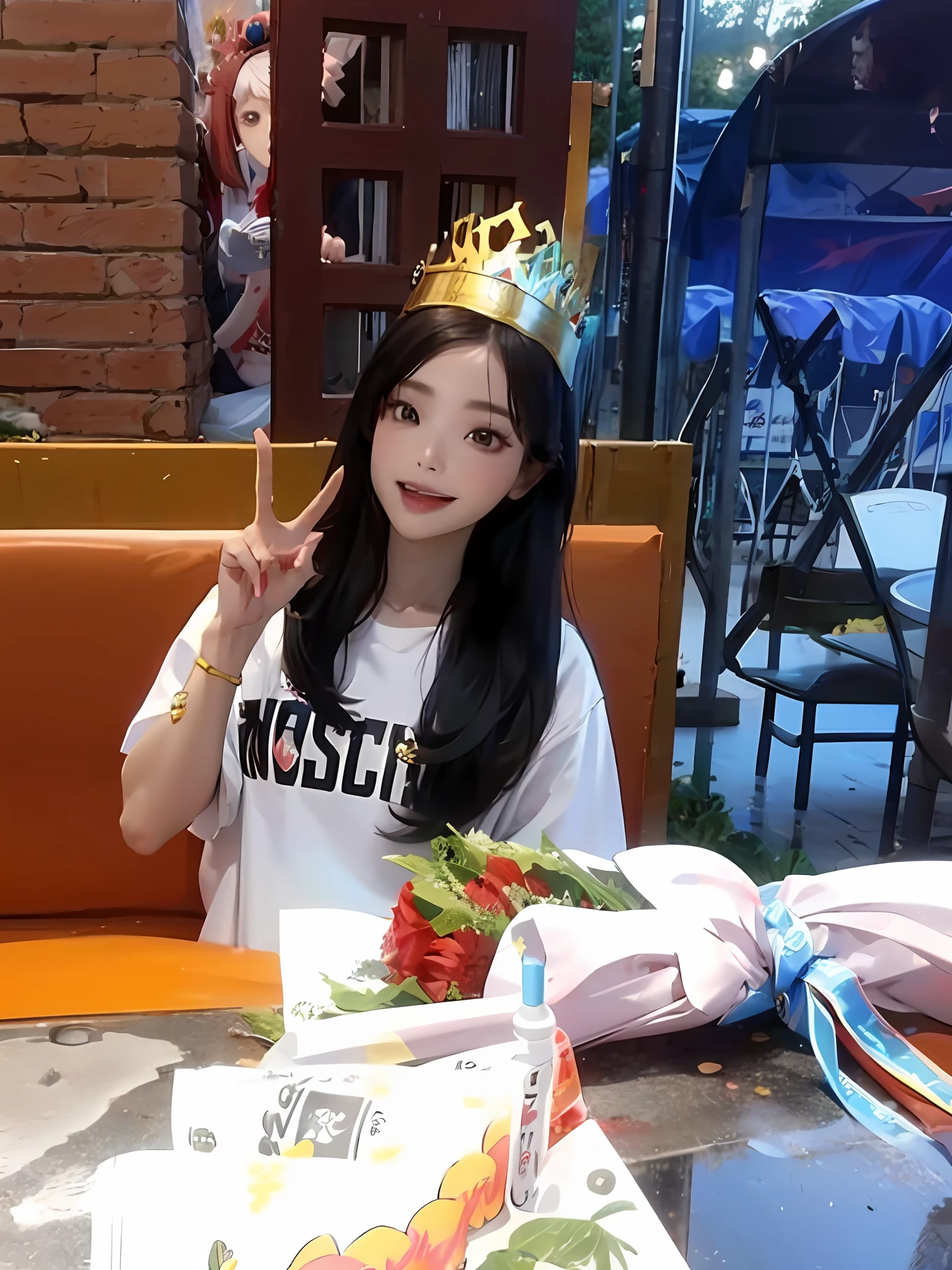 There was a woman sitting at the table,On his head are cakes and crowns, with crown, tzuyu from twice, Ruan cute vtuber, Shin Jinying, xintong chen, jossi of blackpink, ulzzangs, jaeyeon nam, With a crown, wearing a paper crown, she is about 1 6 years old, wan adorable korean face,Hand detail,Eye details,detail in face