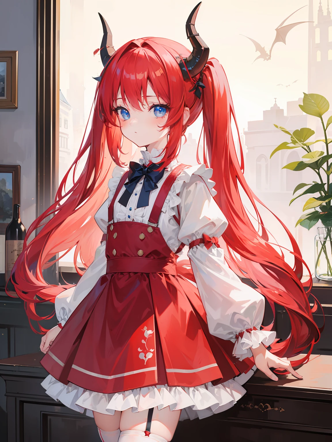 {{best quality}}, {{masterpiece}}, {{ultra-detailed}}, {illustration}, {detailed light}, red hair,blue eyes,twintails,lolita,Suspenders skirt,Fantastic,loli,solo,Dragon horns, girl,long hair