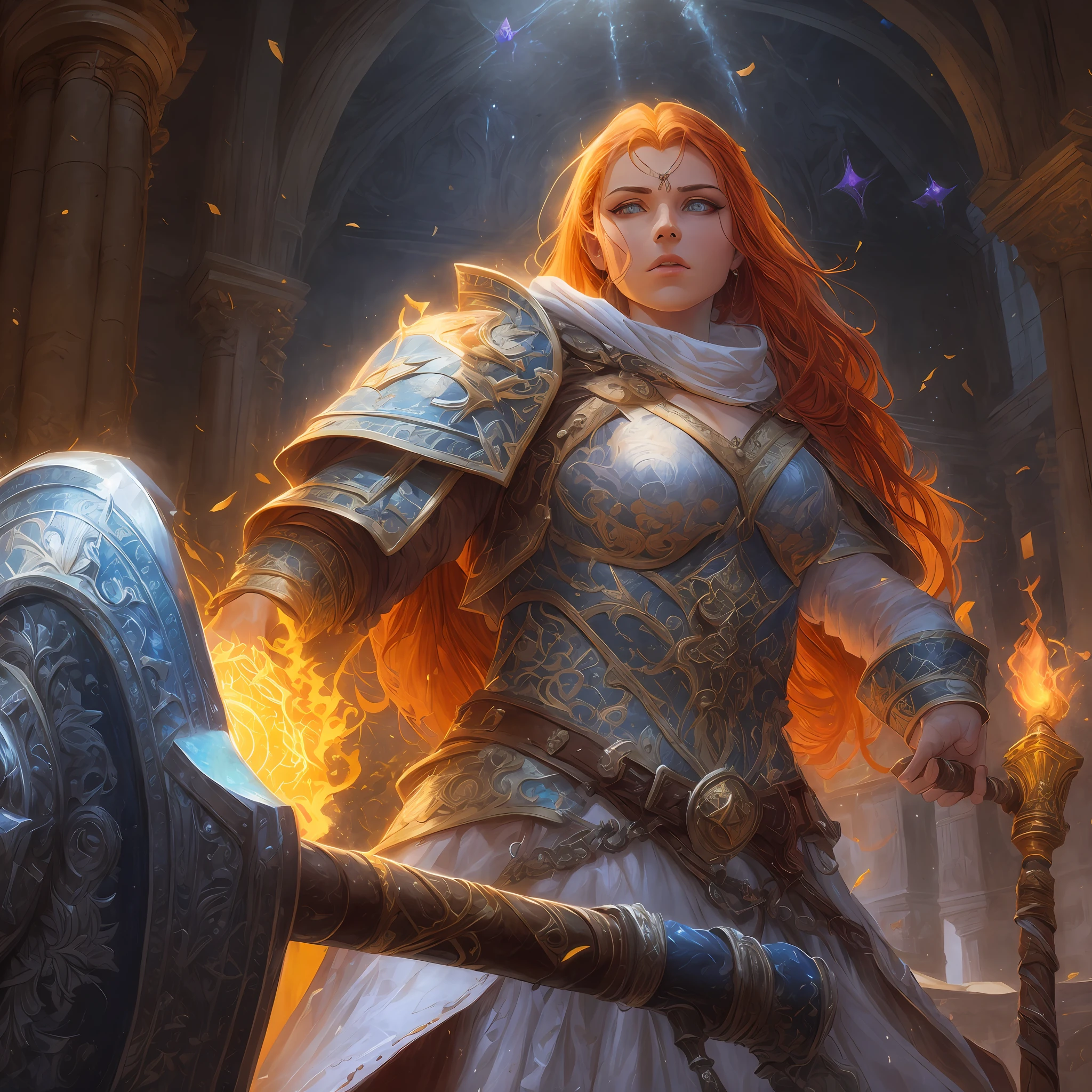 high details, best quality, 8k, [ultra detailed], masterpiece, best quality, (extremely detailed), dynamic angle, ultra wide shot, photorealistic, fantasy art, dnd art, rpg art, realistic art, an ultra wide picture of female dwarf cleric, holding axe, axe in flames, casting a spell, yellow magical light(intense details, Masterpiece, best quality: 1.5), wearing heavy white armor (intense details, Masterpiece, best quality: 1.5), blue cloak(intense details, Masterpiece, best quality: 1.5), holy symbol, blue light from symbol, red hair, intense eyes, green eyes, D&D female dwarf (intense details, Masterpiece, best quality: 1.5), fantasy temple background, celestial background, ((divine worship atmosphere)), high details, best quality, highres, ultra wide angle