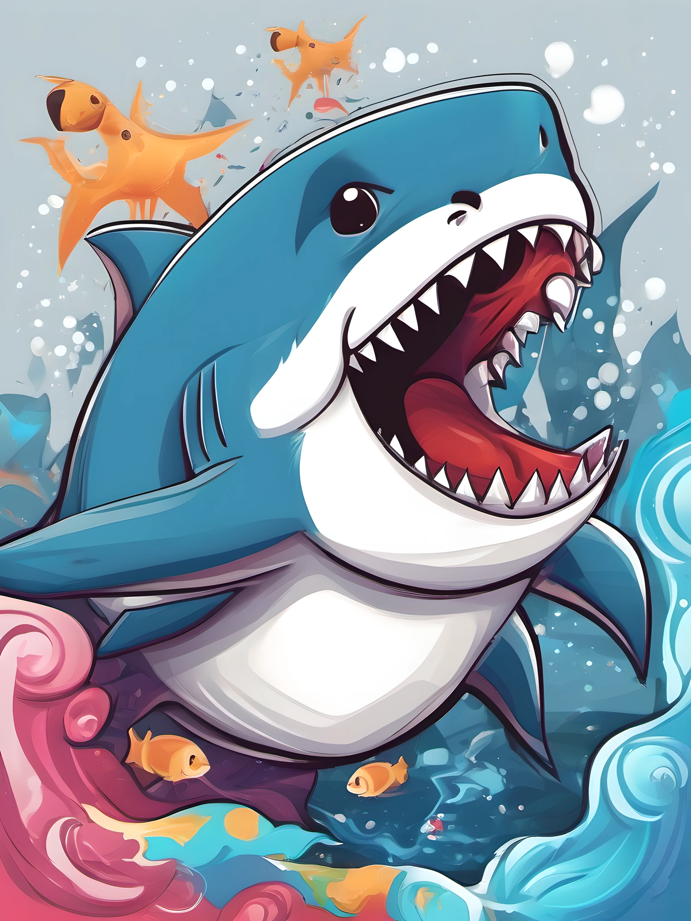 Illustration of cute shark, cute character, magic, fantasy, clear background, abstract splash background, t-shirt design, vector art