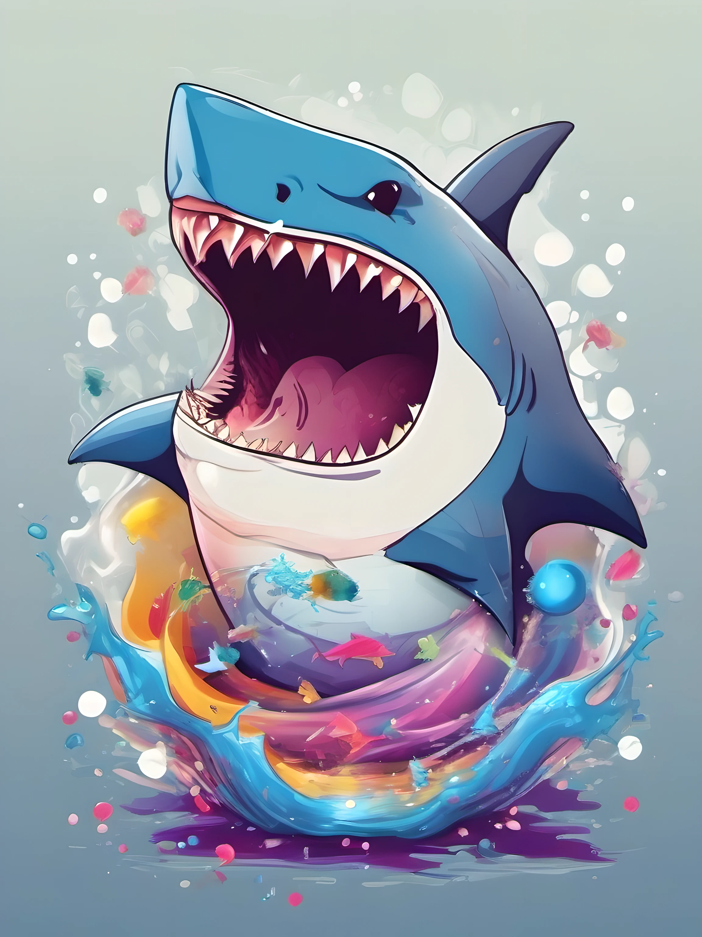 Illustration of cute shark, cute character, magic, fantasy, clear background, abstract splash background, t-shirt design, vector art