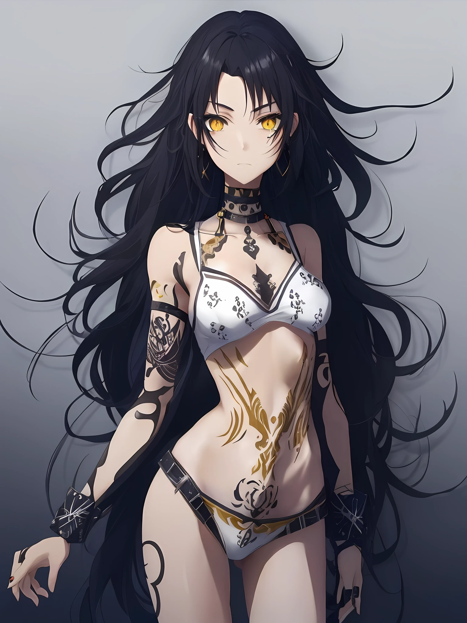 black hair girl, yellow eyes, white top, tattoes arms, roman desing