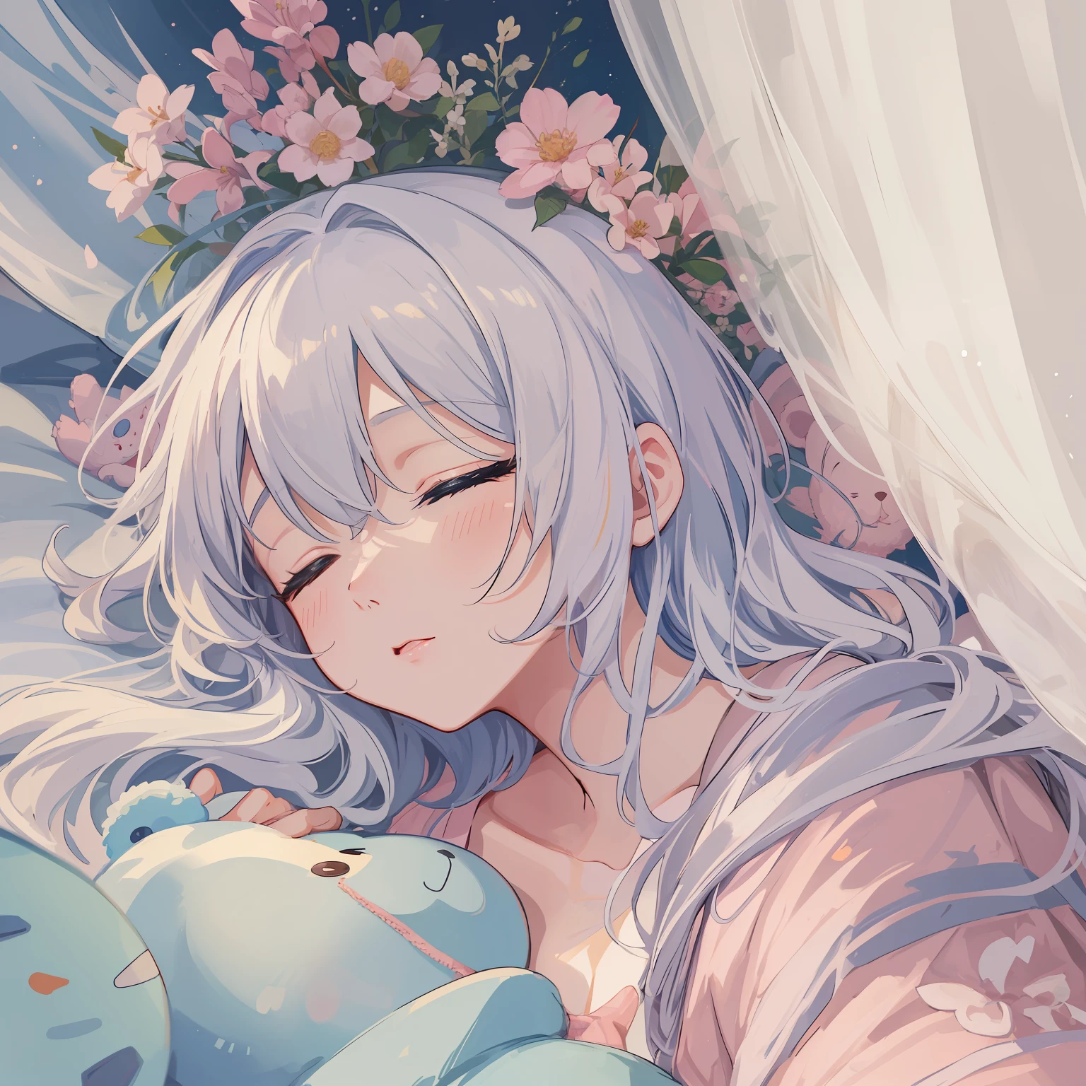 top-quality、ultra-detailliert、An ultra-high picture quality、超A high resolution、1 girl、Sleeping in bed、Cute sleeping face、White hair、Cyan pink hair、Cute sleepwear、Sleeping with a cat、The sun is shining、Cute room、teddy bears