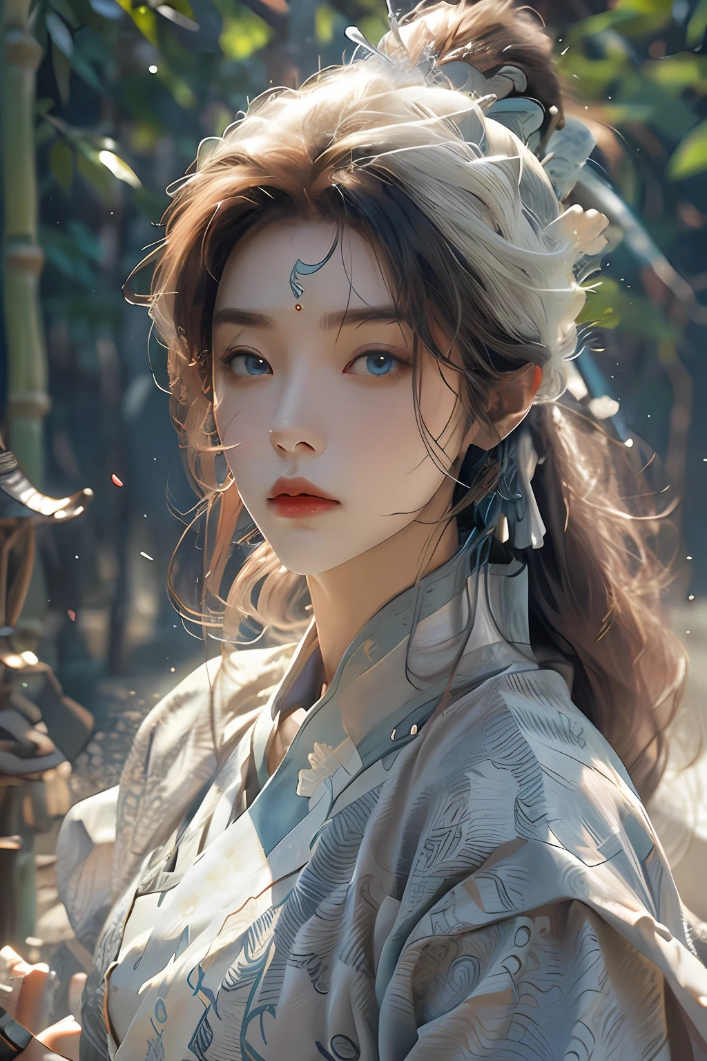 (Best Quality), (Realisticity: 1), Realistic Skin Texture, Highly Detailed, 8k Wallpaper, Masterpiece, Ultra Detailed, Detailed Facial Features, Volume Lighting, Dynamic Lighting, Bust Shot, 1 Woman, Woman, Bamboo Forest, White Hair, Ponytail, Blue Headdress, Long Sword Held, Bamboo Leaves Falling, Hazy Smoke, Black Hanfu, Long Sword in Hand, Movie Lighting, Dynamic Perspective, Blue Eyes,