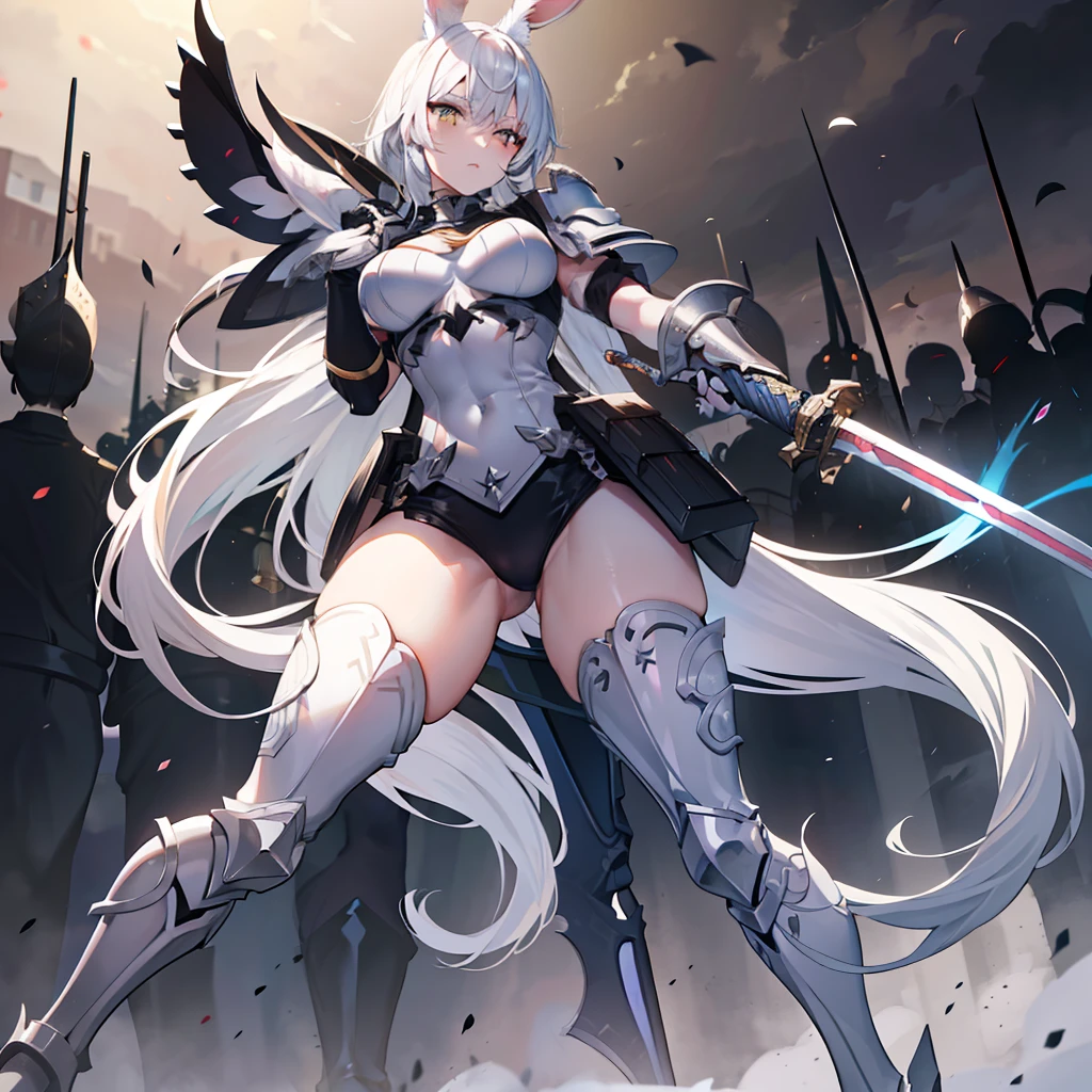 (highres, best quality), far from frame, depth of field, Adult female, (detailed, highly detailed), soft lighting, (color_contrast), Long white hair, undercut hair style, brown eyes, rabbit ears, rabbit tail, fitted armor, full body armor, medium breasts, brandishing a sword: longsword, silver steel on cross guard, ornament pummel, holding hilt of the sword, (detailed hands), on a battlefield, looking fierce, looking determined, detailed eyes, cute, toned body, thick thighs, covered legs, muscular arms, surrounded by a malicious aura