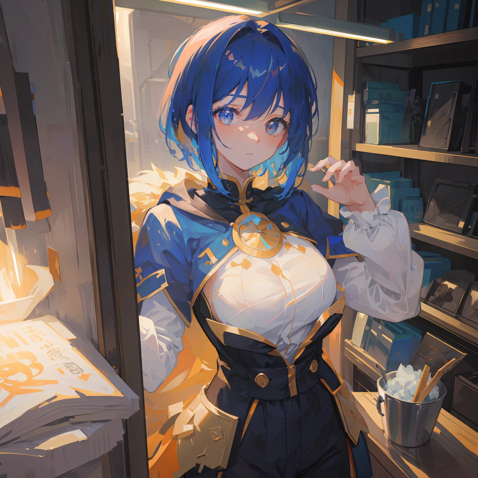 masterpiece,top-quality, Best Quality, the Extremely Detailed CG Unity 8K Wallpapers, Cinematic lighting, Lens Flare, Eyes in Beautiful Details, side glance, colorful light, Particle, portrait closeup,Cornflower Art、dream-like,hight resolution、volume illumination、contour deepening,Back lighting、Very detailed 8k wallpaper、 1 girl in,独奏, Blue hair、short-hair、fluffy hair、Orange Eyes、The upper part of the body、suits、s Office、huge tit 、OL