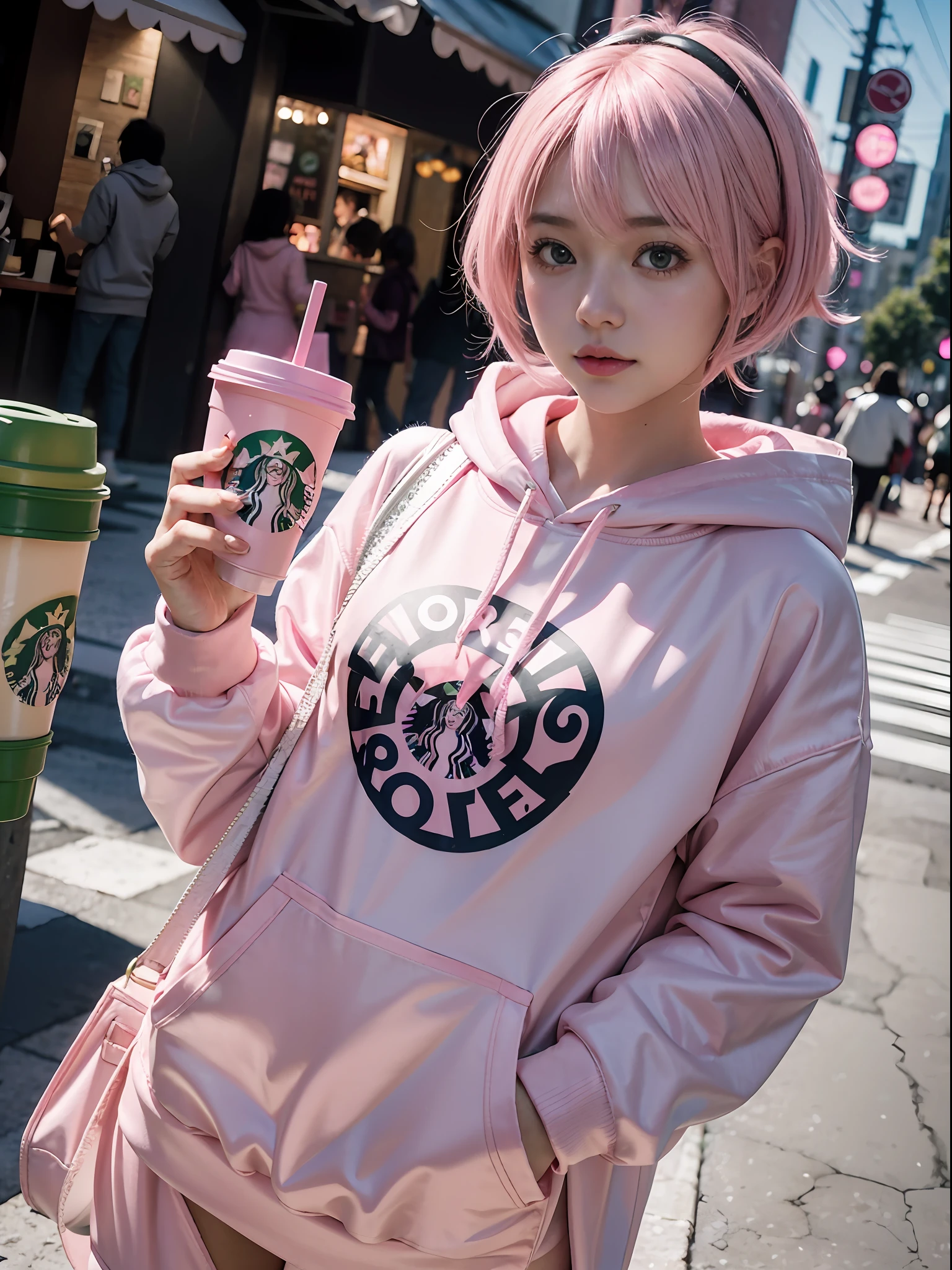 Anime girl in pink costume holding Starbucks bag and drink, a portrait by Kamagurka, Tumblr, Realism, wearing a pastel pink hoodie, (In pink), with pink hair, wearing a pink hoodie, Y2K style, y 2 k style, cute girl with short pink hair, Anime girl cosplay, Kawaii style