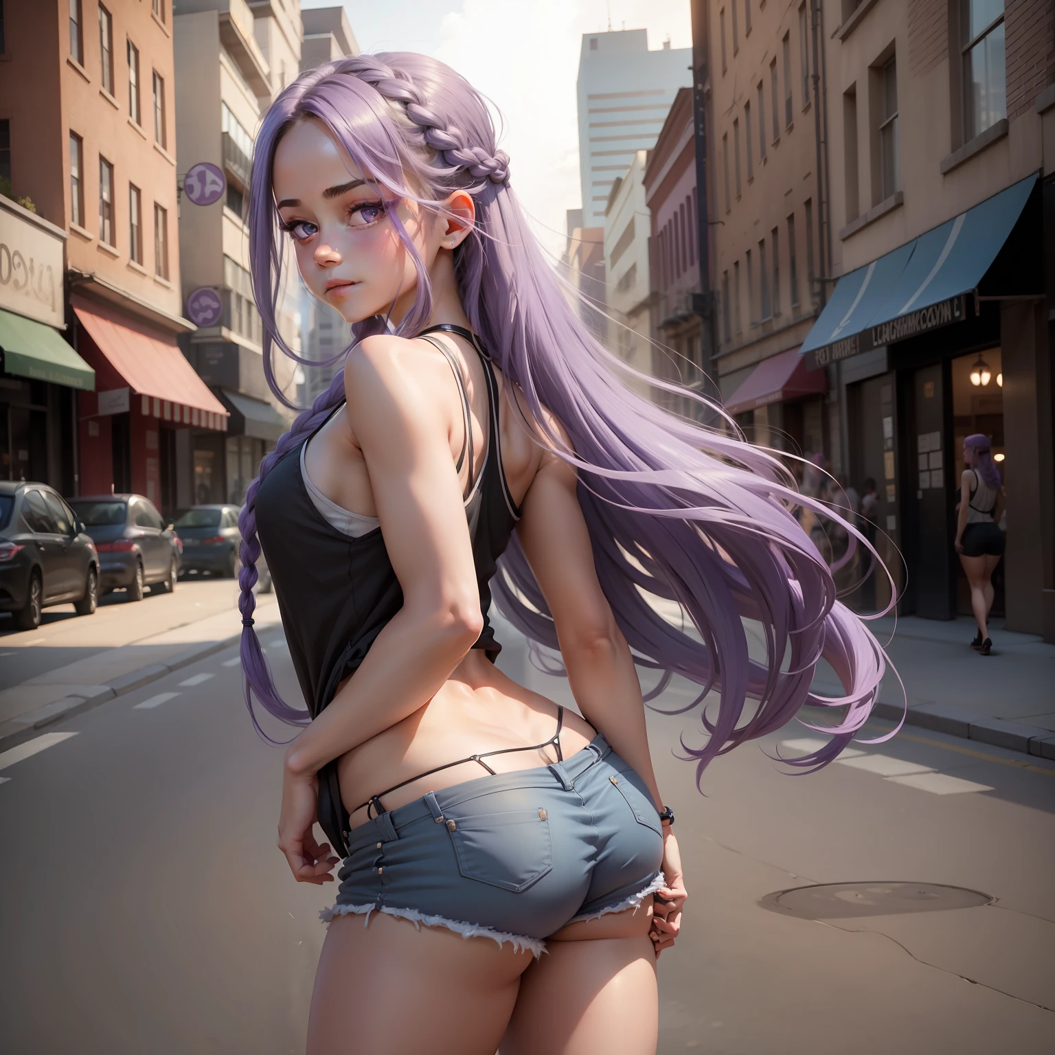 1girl, standing, purple eyes, long lavender hair, braided hair, black tank top, booty shorts, small smile, left hand extended to camera, city, beautiful, original character, human, smooth skin, lean body build, flat chest, plump ass, turning around to camera, pretty face