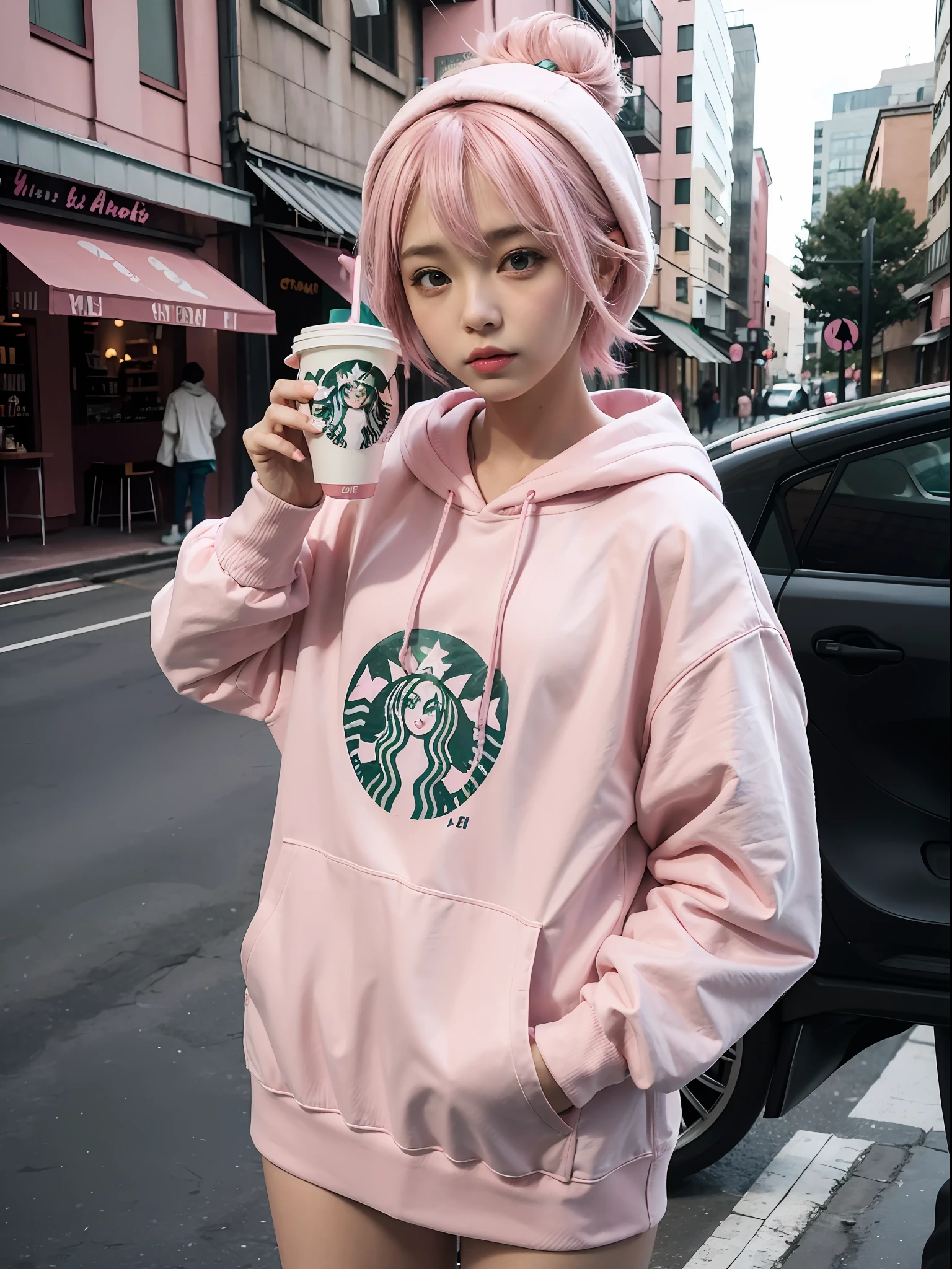 Anime girl in pink costume holding Starbucks bag and drink, a portrait by Kamagurka, Tumblr, Realism, wearing a pastel pink hoodie, (In pink), with pink hair, wearing a pink hoodie, Y2K style, y 2 k style, cute girl with short pink hair, Anime girl cosplay, Kawaii style