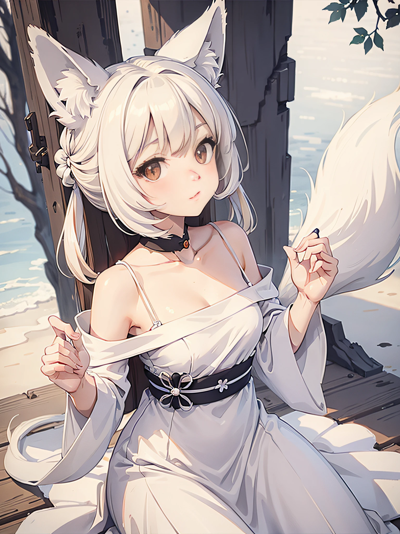 Furry,Close up to the face，Fox,Female,Cute,White dress,komono