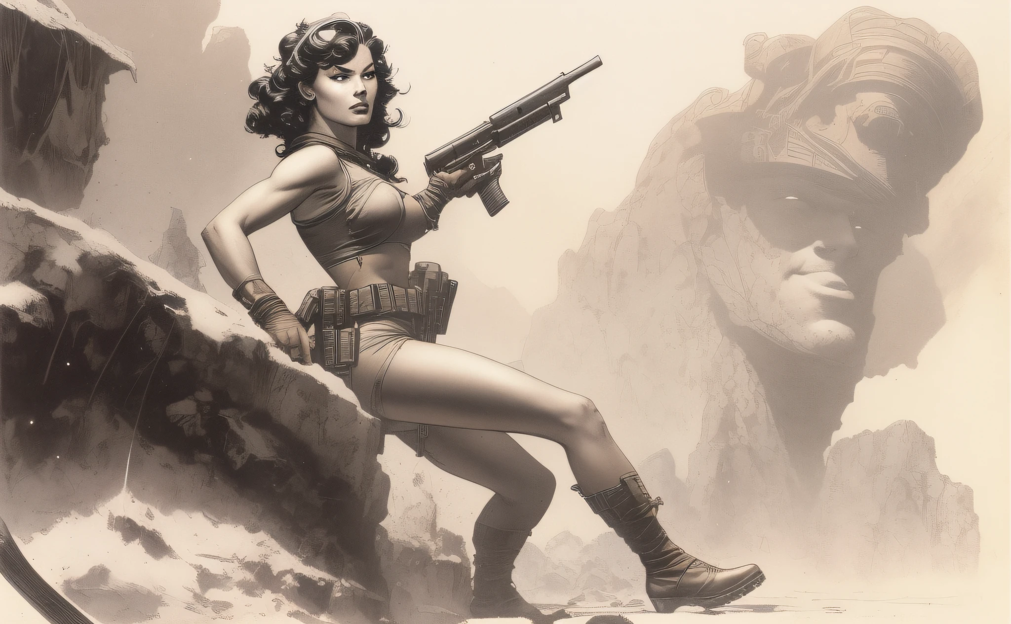 arafed image of a woman with a gun, by Glenn Fabry, mark brooks frank frazetta, mark schultz, inspired by Glenn Fabry, glenn fabry and frank frazetta, by Roy Dalgarno, frank franzetta, rafael albuquerque comic art, by Earl Norem, frank frzetta
