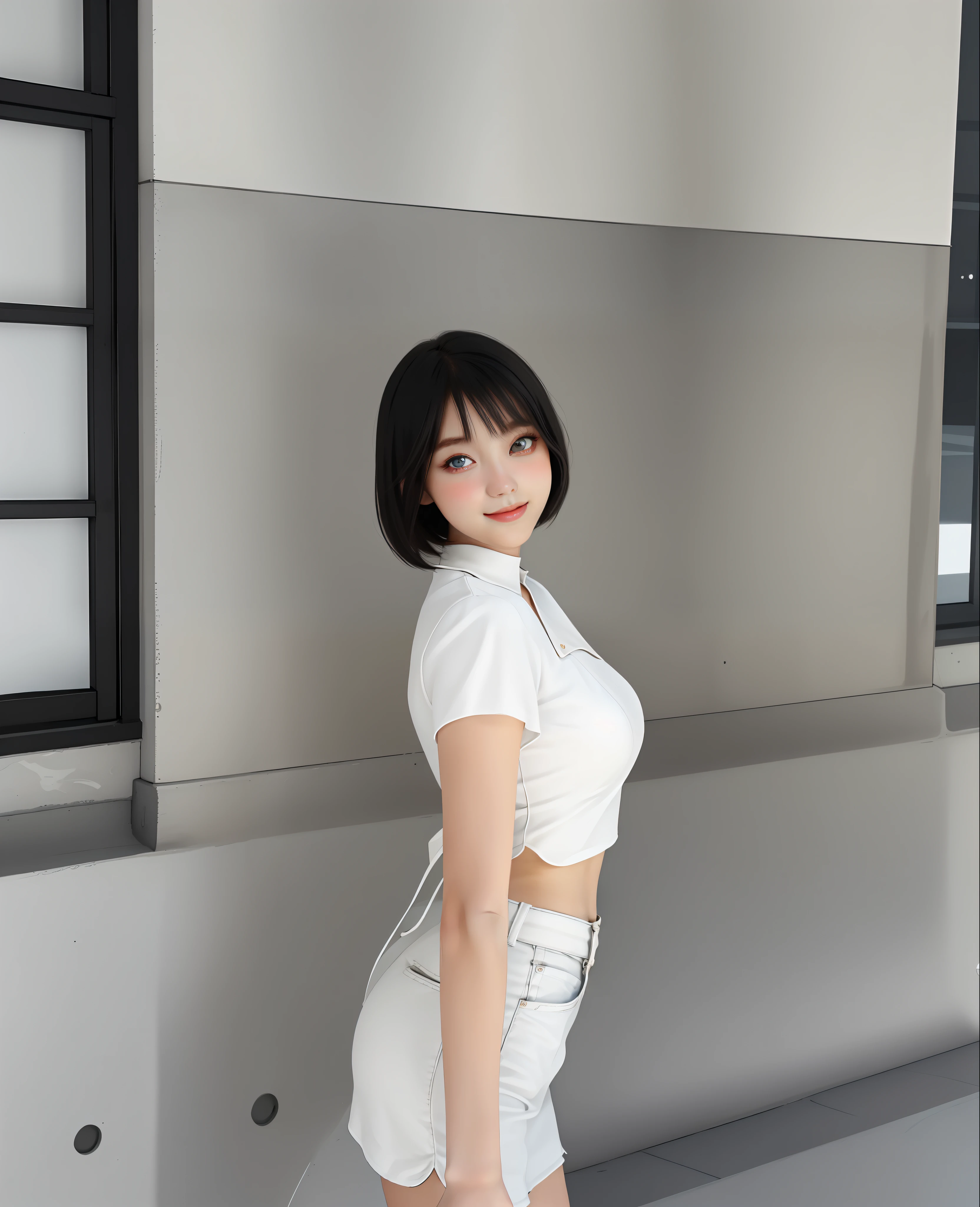 Raised sexy,Pure,white colors,short detailed hair,with a good figure,Large breasts,high high quality,HighestQuali,4k high definition,Beautiful,Beauty Feeling,A slight smil,Eyes look away