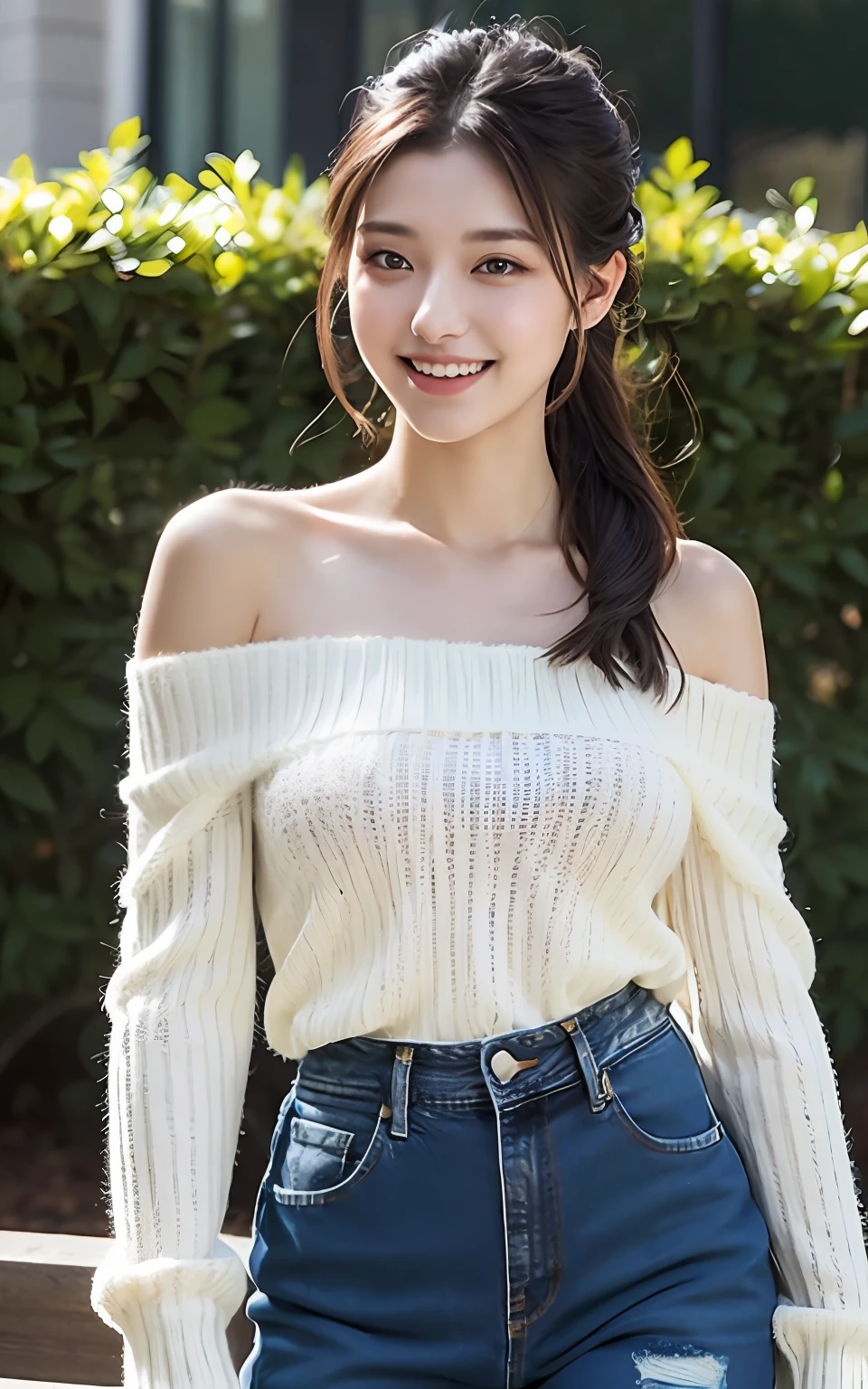 Highly detailed CG Unity 8k wallpaper, top quality, super detailed, masterpiece, realistic, photorealistic, highly detailed cute girl, 25 years old, (ripped Denim short:1.3), (off-shoulder white sweater) , smile, parted lips, round eyes, large breasts, viewer, half body shot , park , side ponytail , from below
