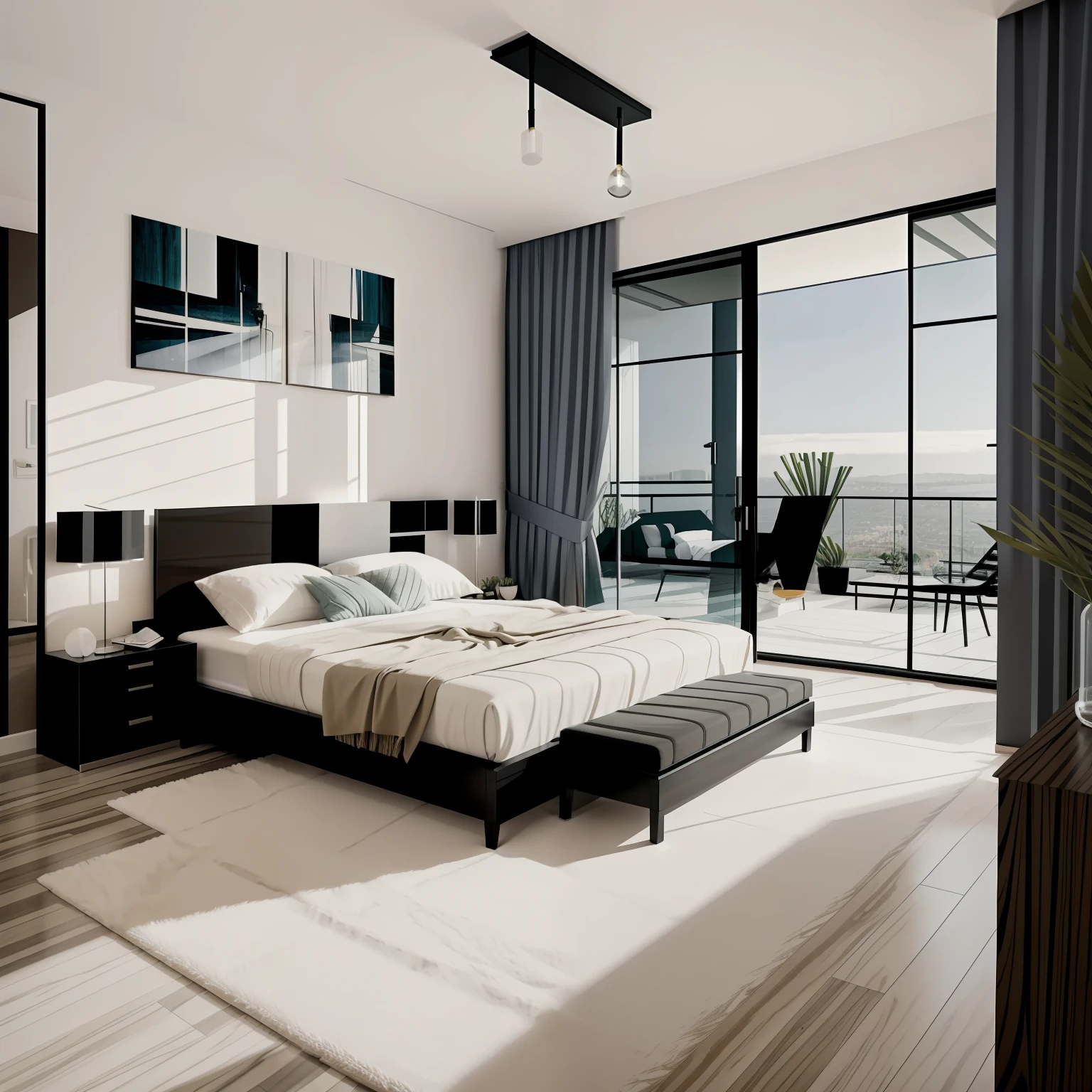 Bedroom interior,modern,decor,eye level view