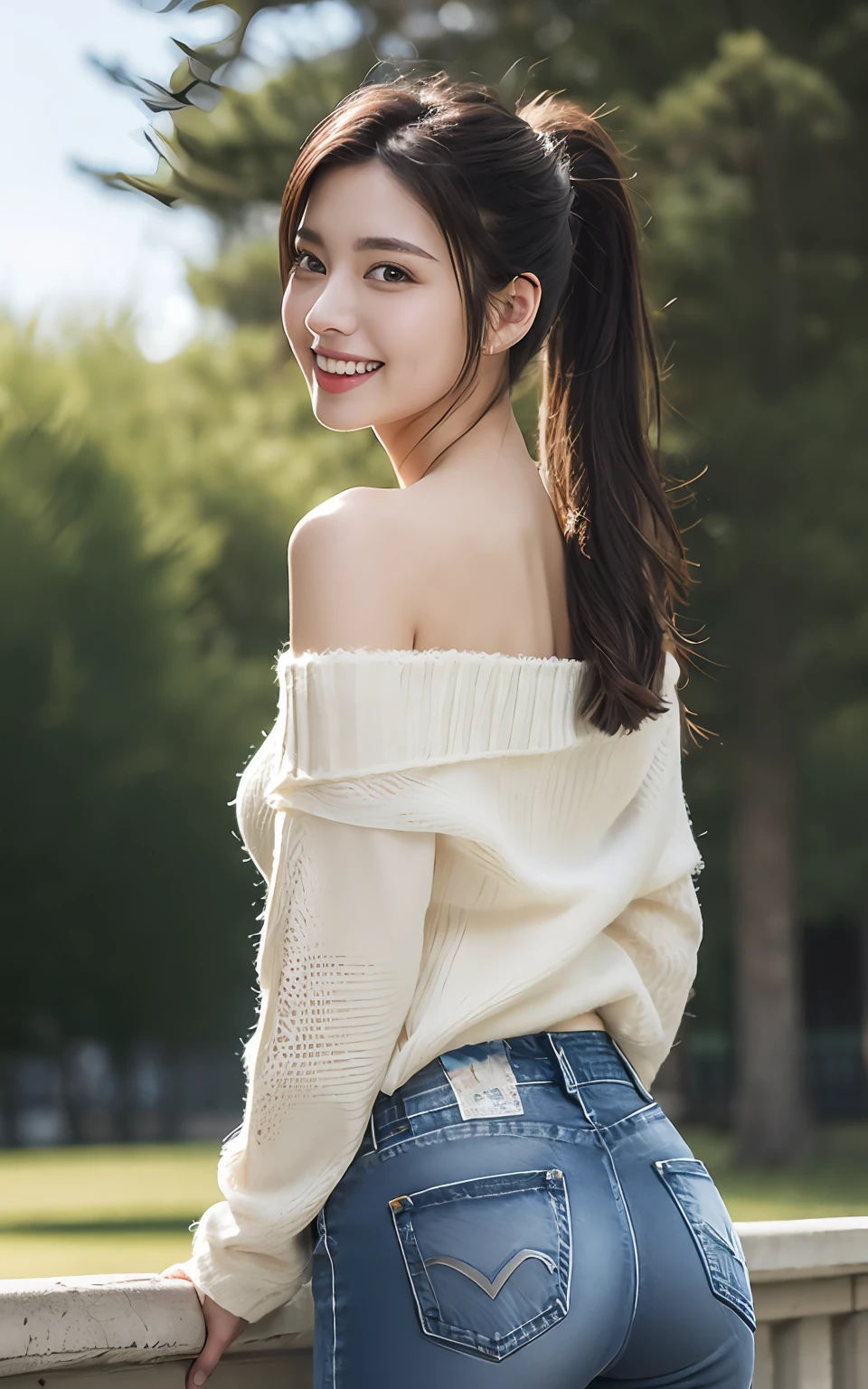 Highly detailed CG Unity 8k wallpaper, top quality, super detailed, masterpiece, realistic, photorealistic, highly detailed cute girl, 25 years old, (ripped Denim short:1.3), (off-shoulder white sweater) , smile, parted lips, round eyes, large breasts, viewer, half body shot , park , side ponytail , ass shot