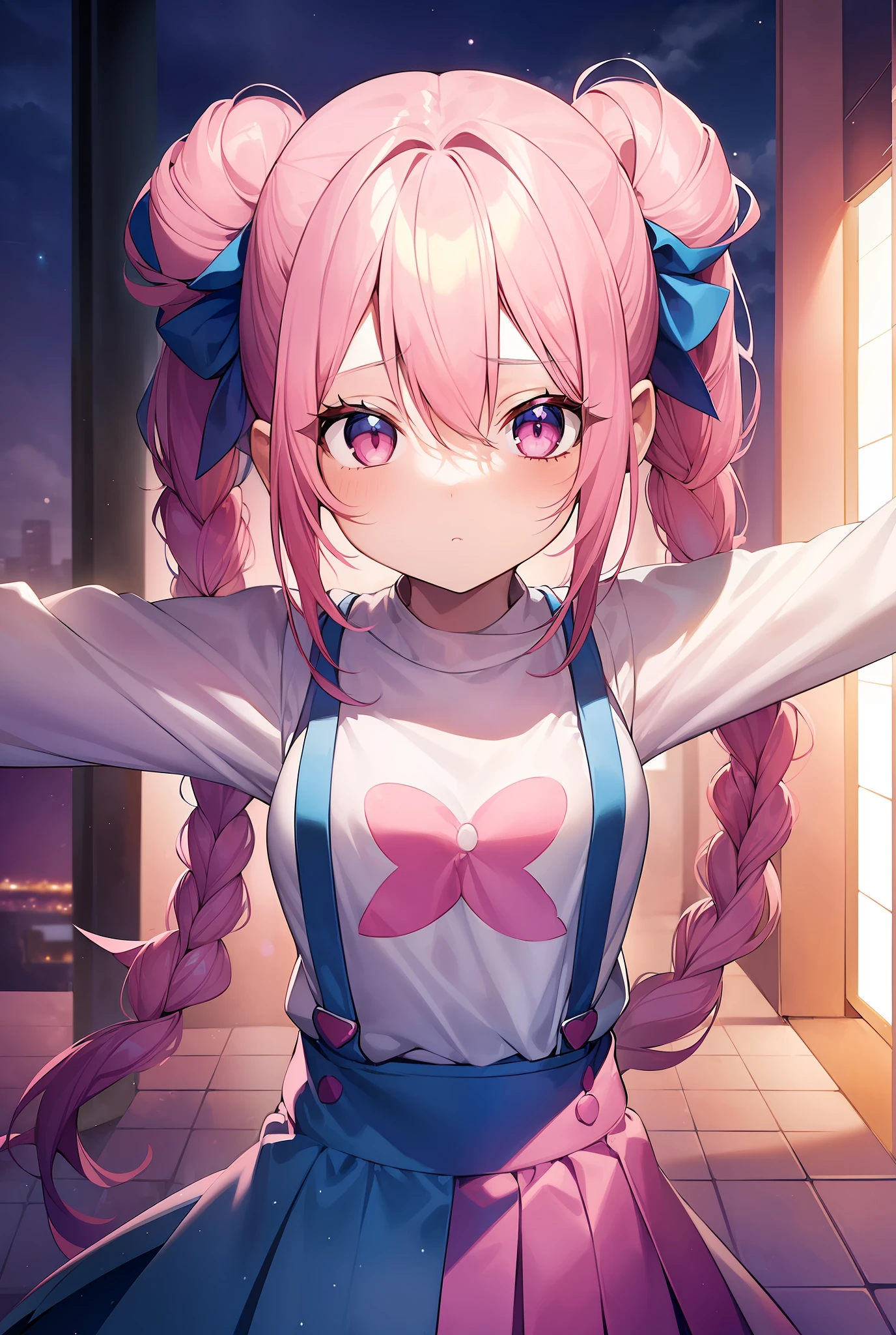 1girl. pink hair.long hair.twintails.{loli}.(short stature).small breast.white t-shirts.suspender.skirt. (((masterpiece))).(((best quality))).)((ultra-detailed))).(((illustration))). (((Spread your arms))).(((night view))).(((1girl))).