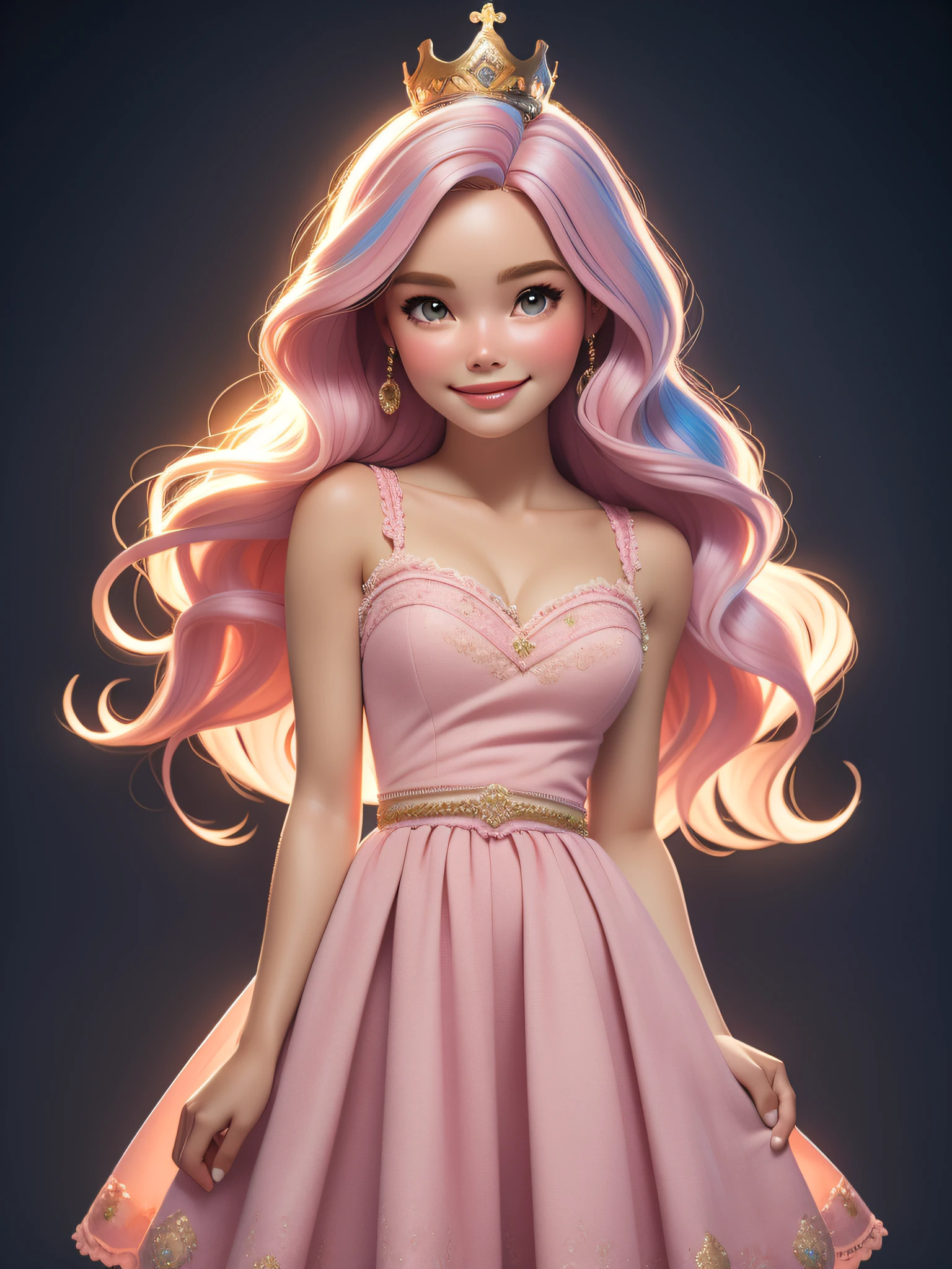 dynamic lighting, A Barbie princess wearing a lovely pink dress, wearing a beautiful crown, In the pink fairy castle, pink hair, (cute:1.3), (pale skin:1.1), (soft smiling:1.1), detailed face, detailed skin texture, sun ray, by ilya kuvshinov, nina masic, natural lighting, subsurface scattering, ornate, ((cowboy shot)), atmospheric perspective, retina, textured skin, anatomically correct, best quality, award winning