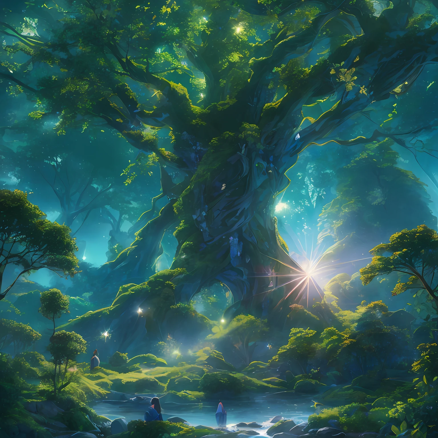 The whole body of a giant crystal tree、Glitter fruit、very detailed and magical lighting、Details of the complex forest、Vegetation and rivers、Solarpunk、landscapes、massive trees、Beautiful blue with beautiful lighting and realistic proportions々with the、It's like a movie background、8K、top-quality、masterpiece、Who is above、stars on sky、kirakira、Beautiful Woman Praying on Earth、