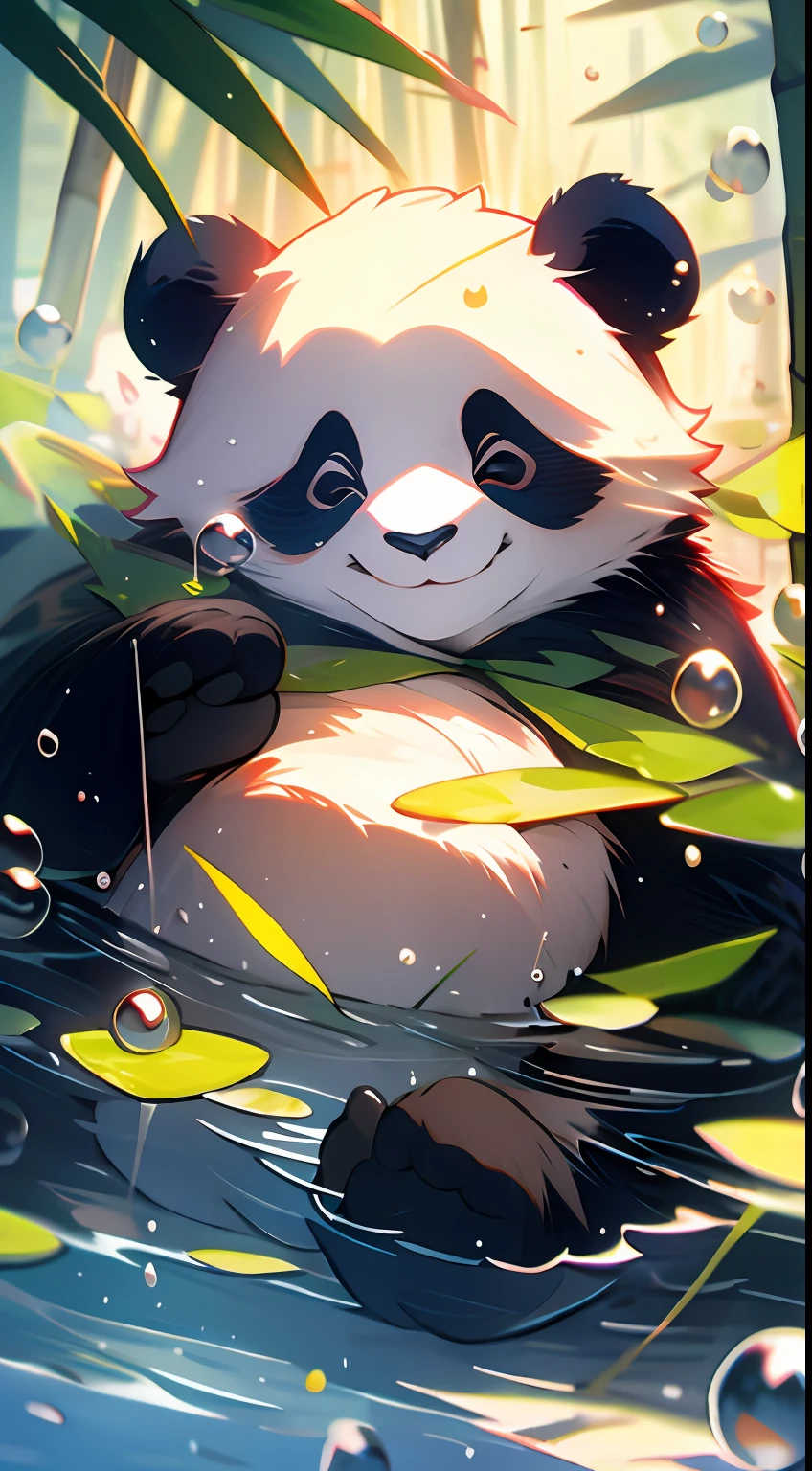 1 cute panda,, Furry, leaves, no man, water, Blisters, bubbles, More Details, saturated colors, endearing smile, Best Quality, 8K, high saturation