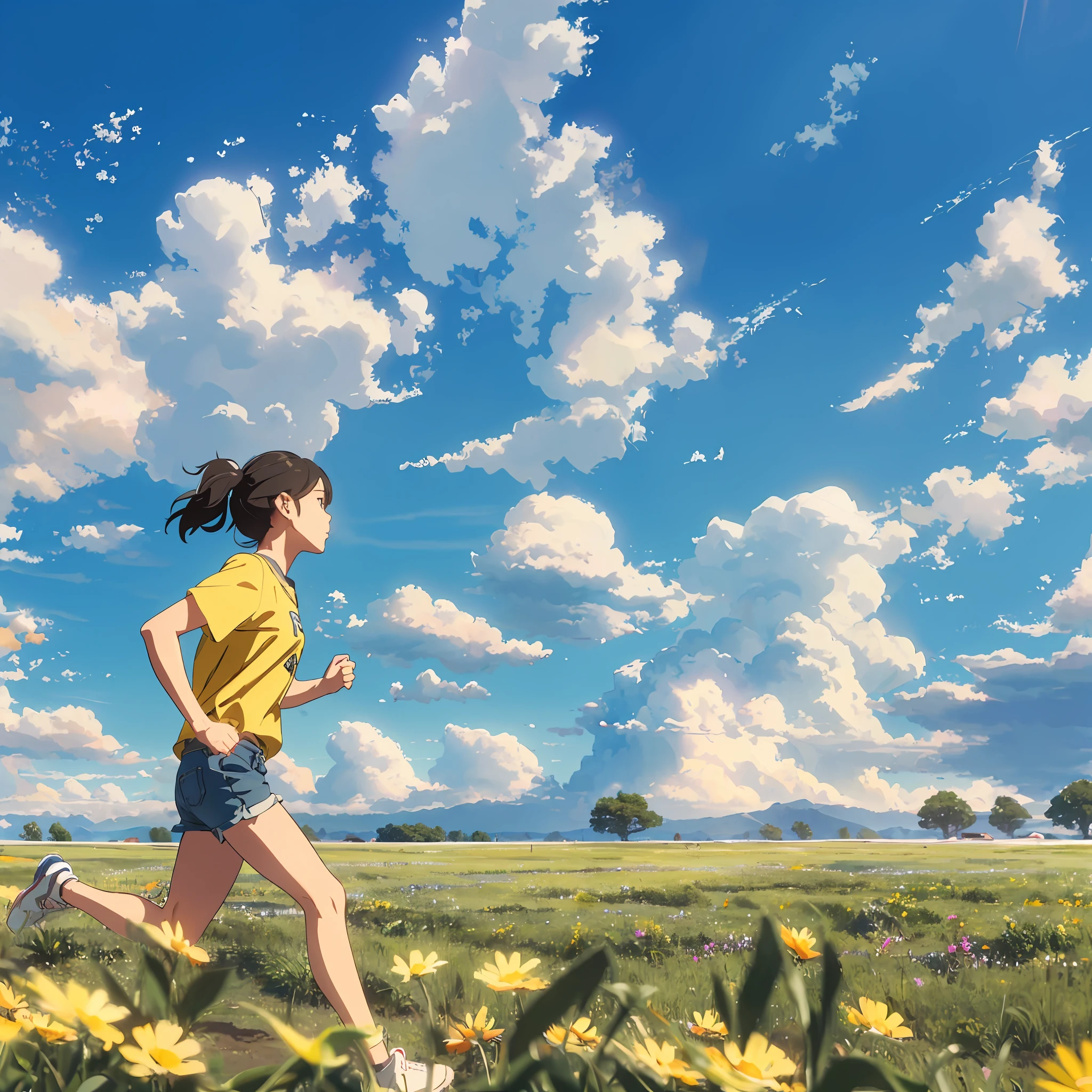 (top-quality、8K、32K、​masterpiece、nffsw:1.2、Ray traching:1.2、realisitic:1.2)、1girl in、(backs:1.5)、Rear view、behind、White Short Sleeve、shortpants、RunningShoes、Savannah in the background、(grass field、long distance、Running on the prairie:1.5)、blue open sky、white clouds、Pasture、Small flowers、