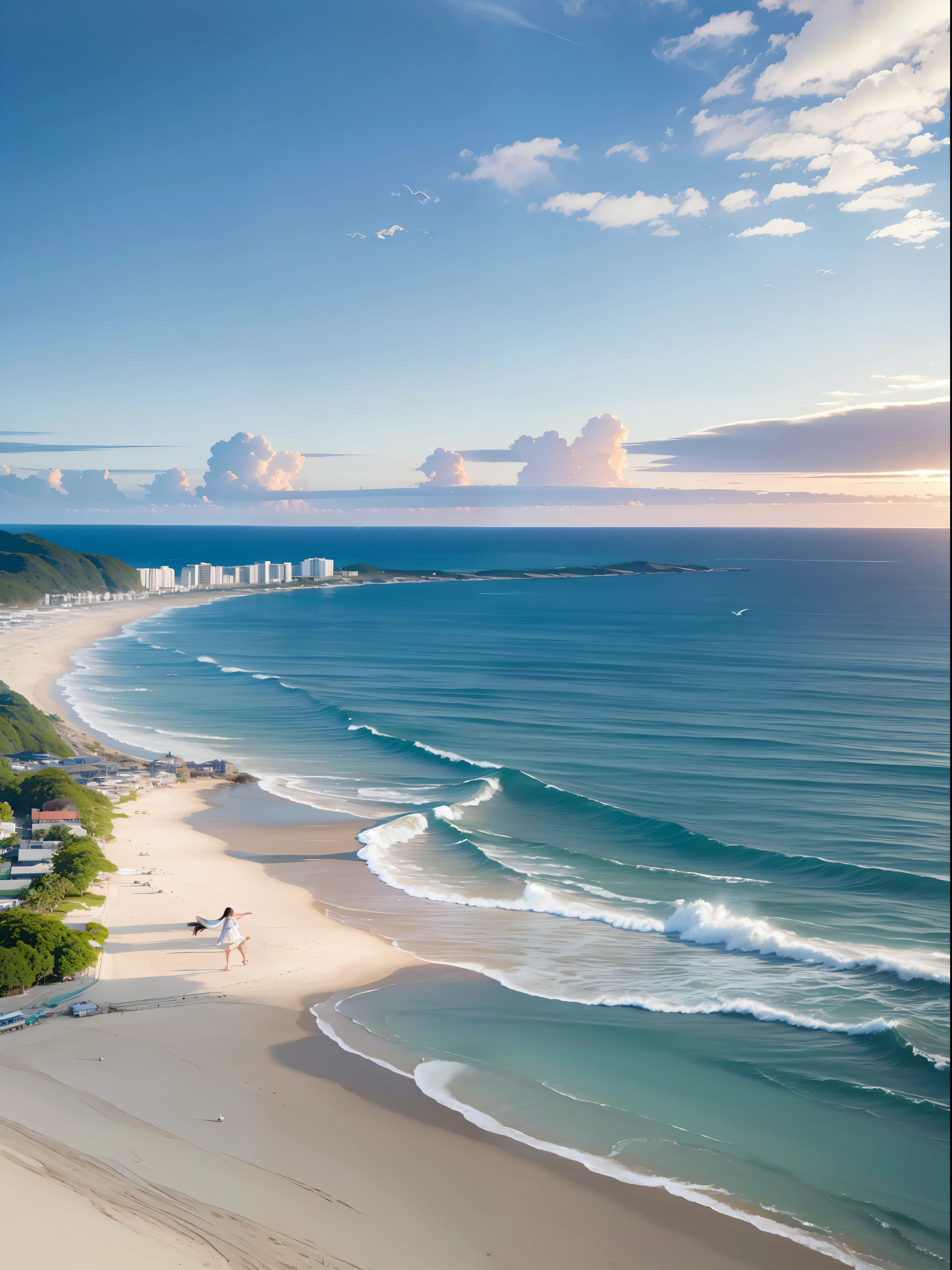 (((Surreal)))、(((hight resolution)))、(in 8K)、 (((ighly detailed)))、(top-quality、​masterpiece:1.3)、((sharpnes))、ciinematic light、Full view、Vast sky、the beautiful skyline、Vast sea、Far Horizon、Distant waves、Distant islands々、Into the cloud、
extremely tense and dramatic pictures、the moving visual effects、The sun climbed high、the colorful natural light、White sandy beach、Girl Walking In The Sea、From a bird's-eye view