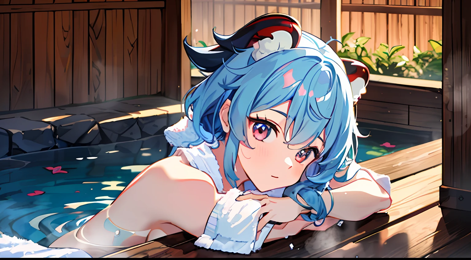 1girl in (​masterpiece) (top-quality)(Shiny hair)(Glossy skin)、1girl in (​masterpiece) (top-quality)(Shiny hair)(Glossy skin)、Bath、(Naked towel:1.4),,(Fluffy towel:1.7),hot onsen, ganyu \(GenshinImpact\)、lightblue hair、red eyes、red horns、ganyu \(GenshinImpact\)、lightblue hair、red eyes、red horns、hot onsen、Bath