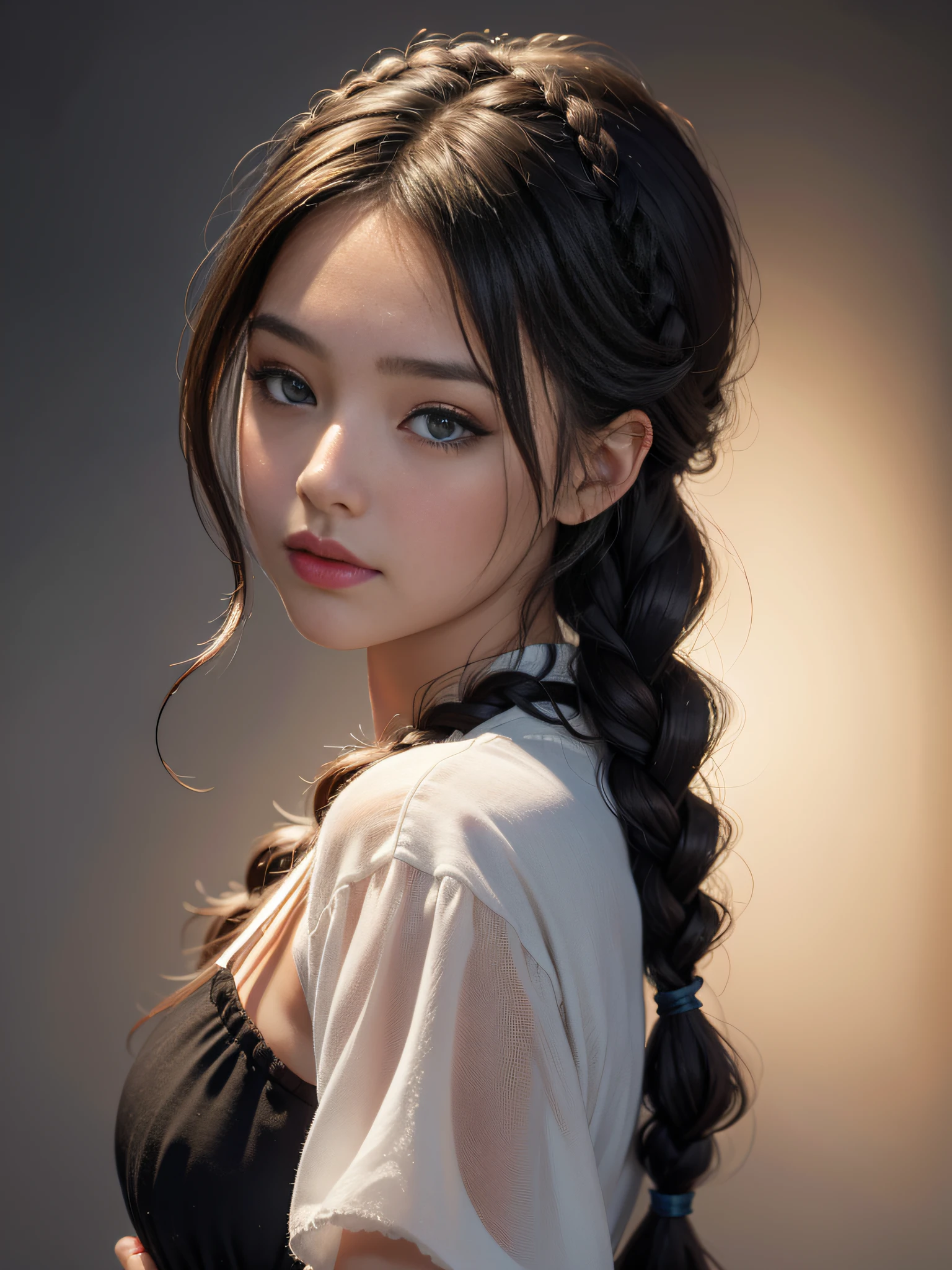 Pretty girl, cute braid, cute, clear face, black background, realistic photo, dreamy, romantic, soft light, natural light, clear detail, middle and far Angle --ar 9:16 --q 5 --v 5